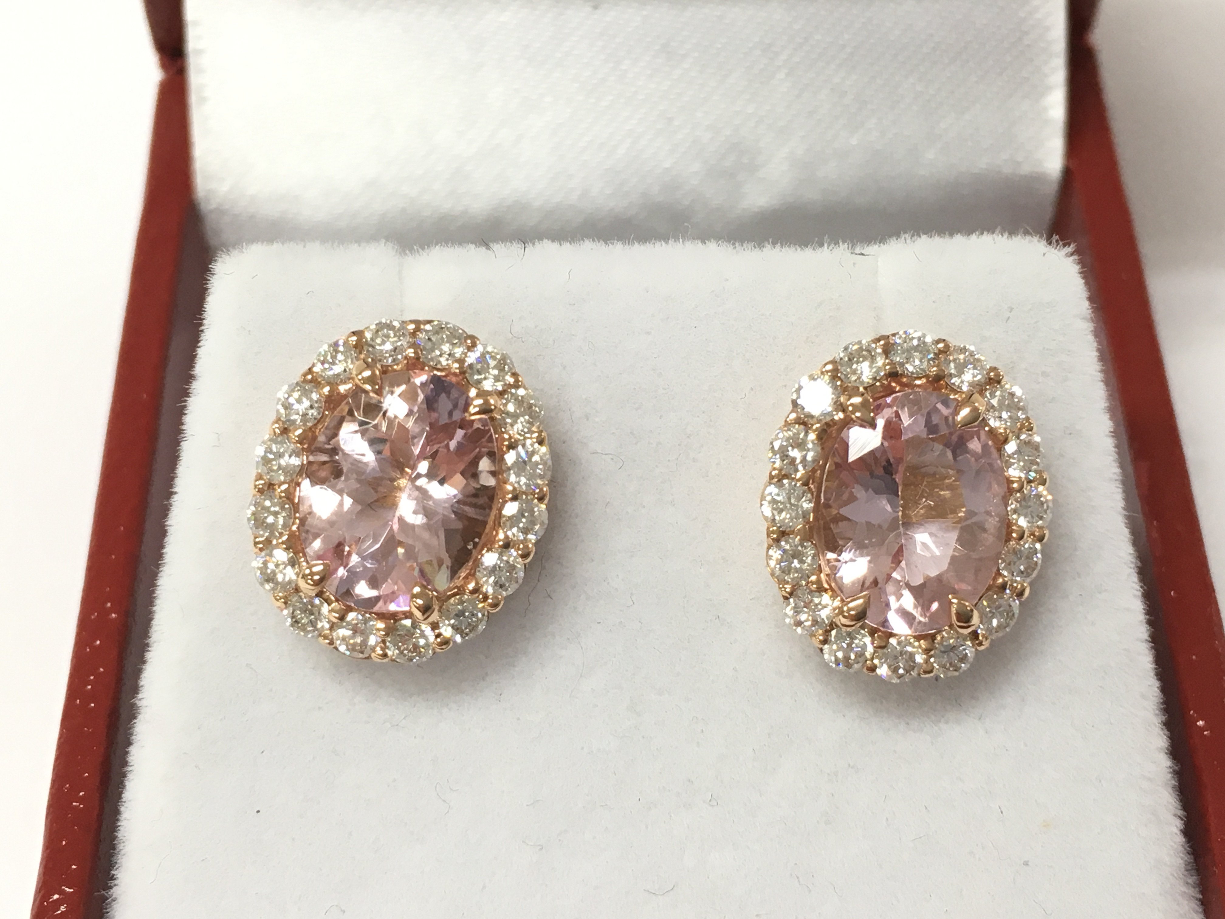 A pair of rose gold oval morganite and diamond cluster studs. Morganite 2.86ct and diamonds 0.78ct approx. Postage B