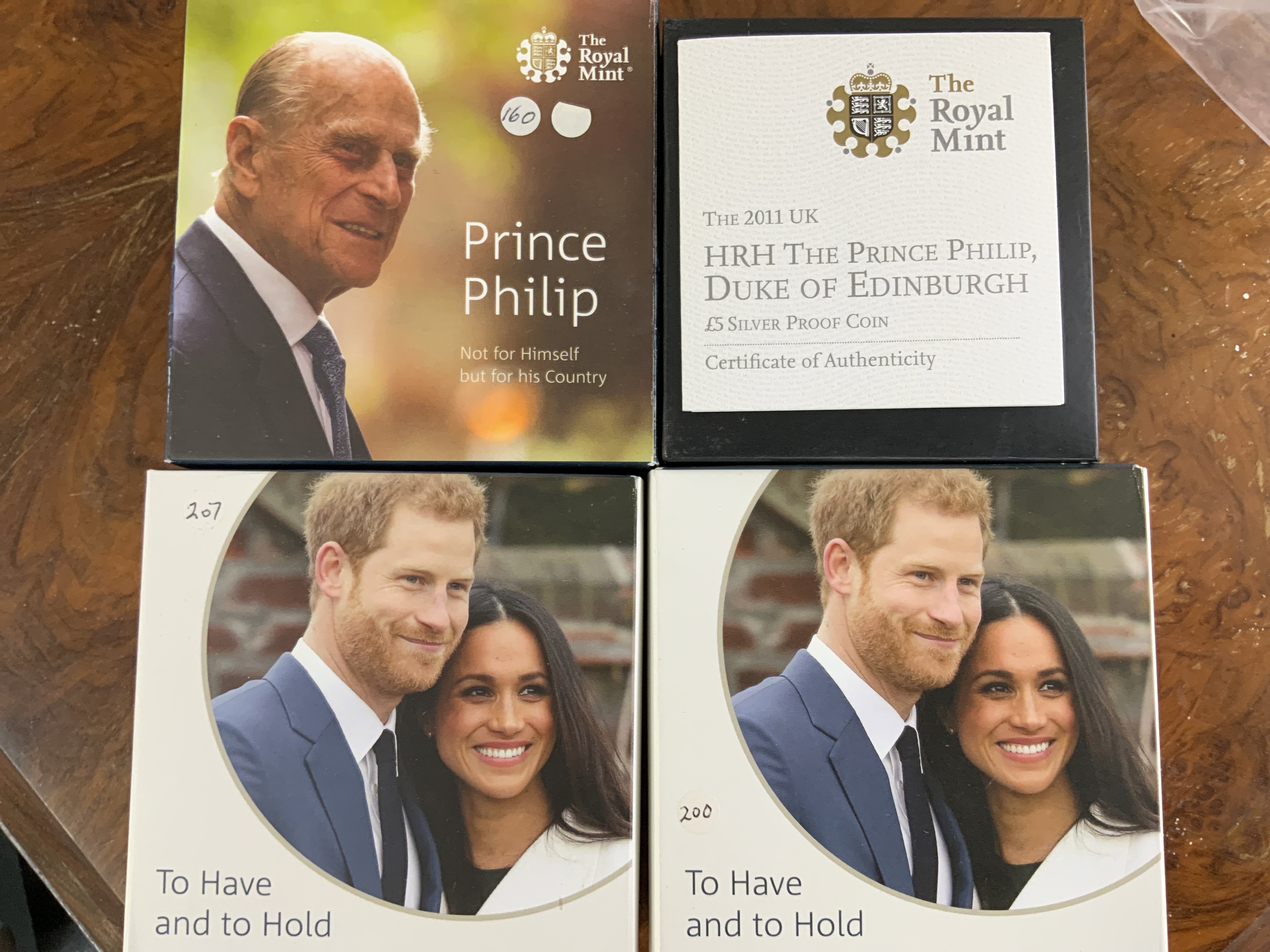 Harry and Megan royal wedding silver proof coin and a silver proof piedfort coin, 2 Prince Philip silver proof coin. Postage B