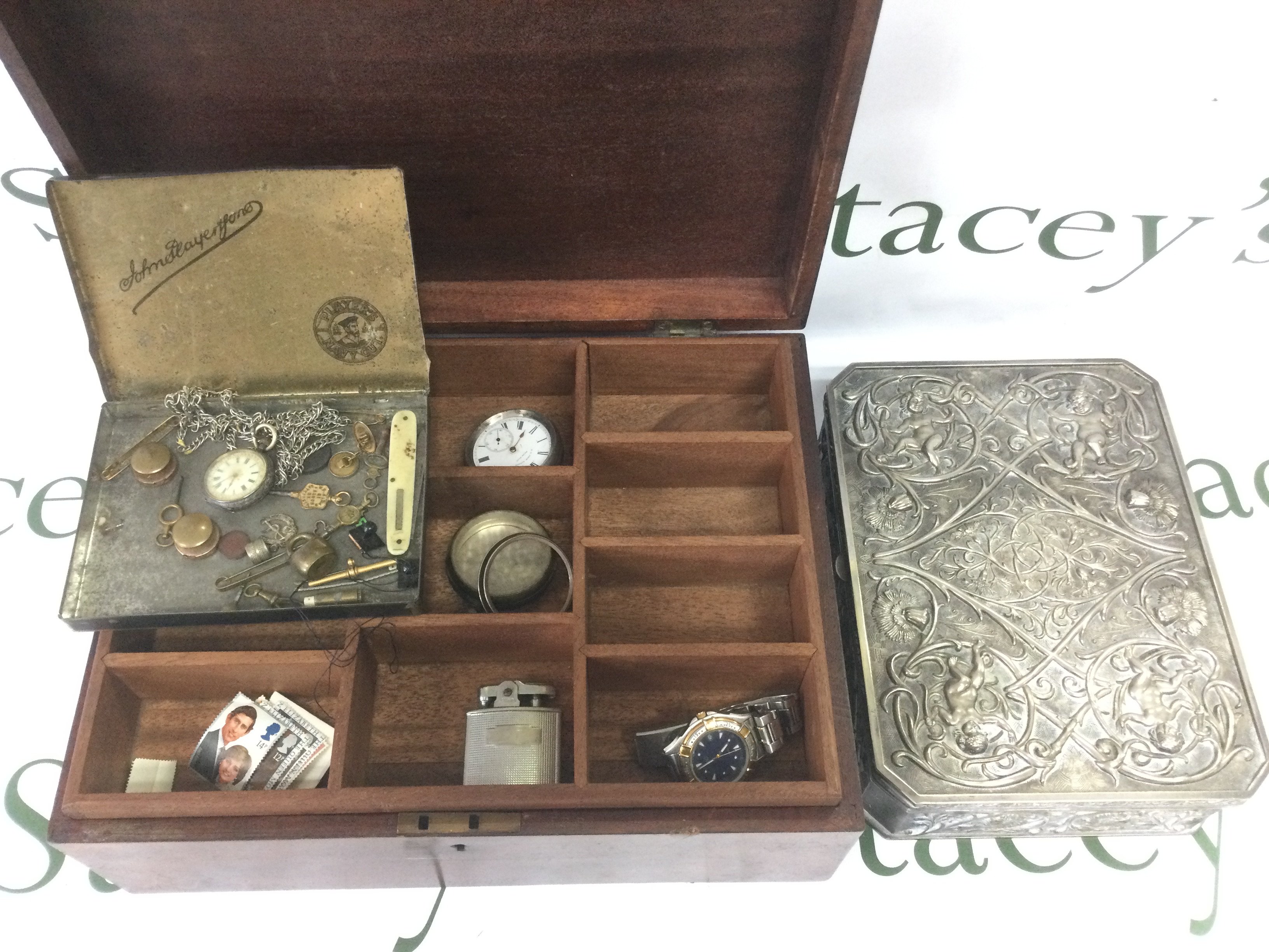 Two jewellery boxes with oddments including pocket watches, watch keys etc. Shipping category C.