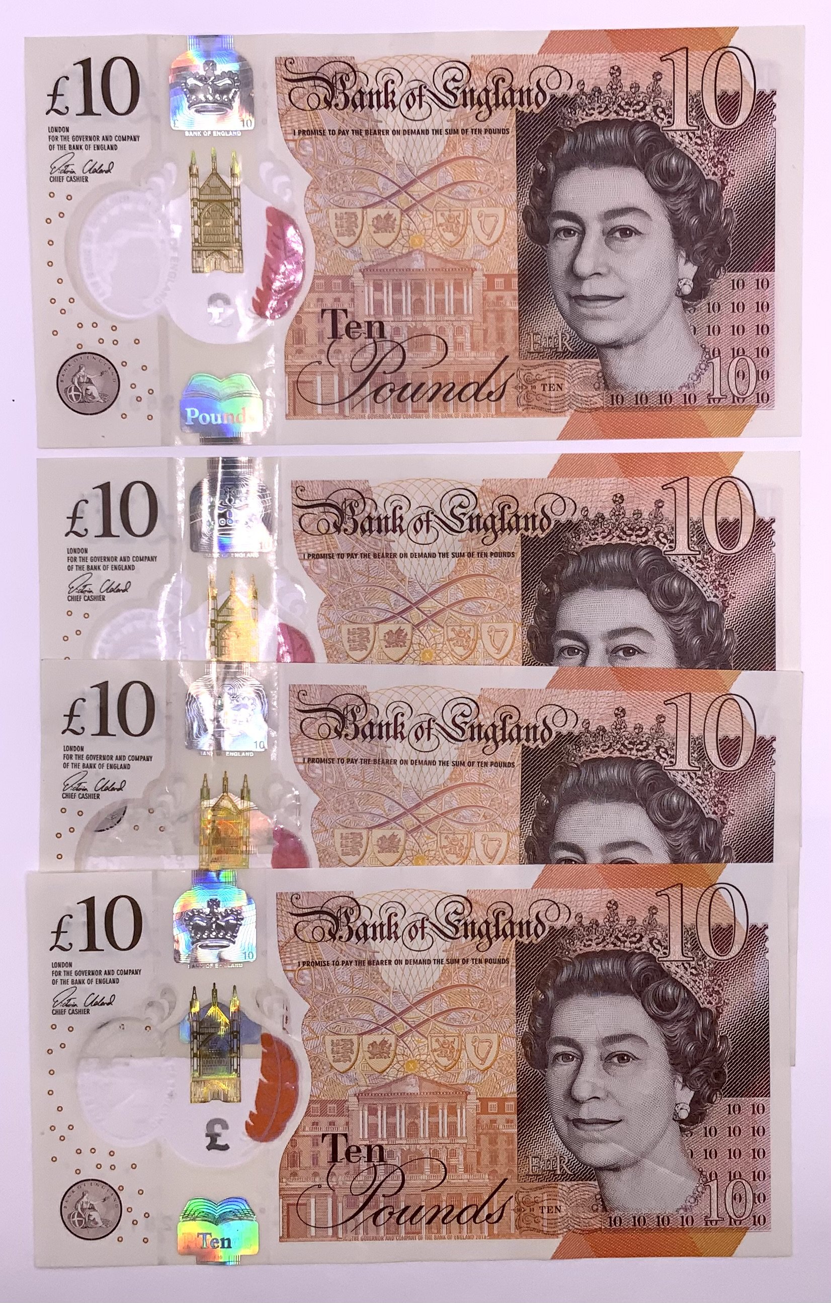 4 Current issue &#201326627510 Banknotes, fine condition. Serial numbers AA01841955, AA02542652, AA03281344, AA04989109. (A)