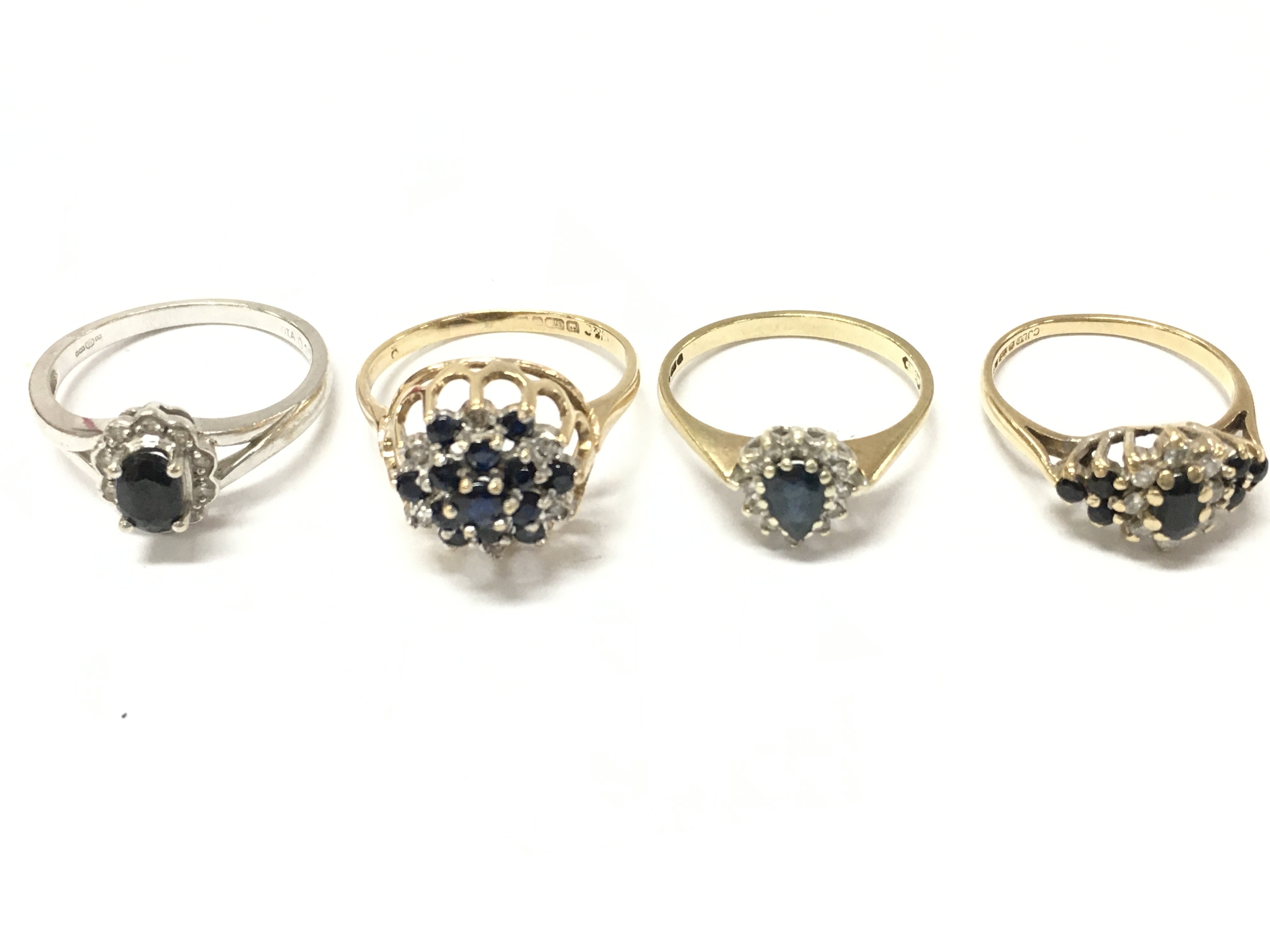 9ct gold sapphire and diamond cluster rings , 9.3G total weight. J/k, p, o, k/l. Postage category A