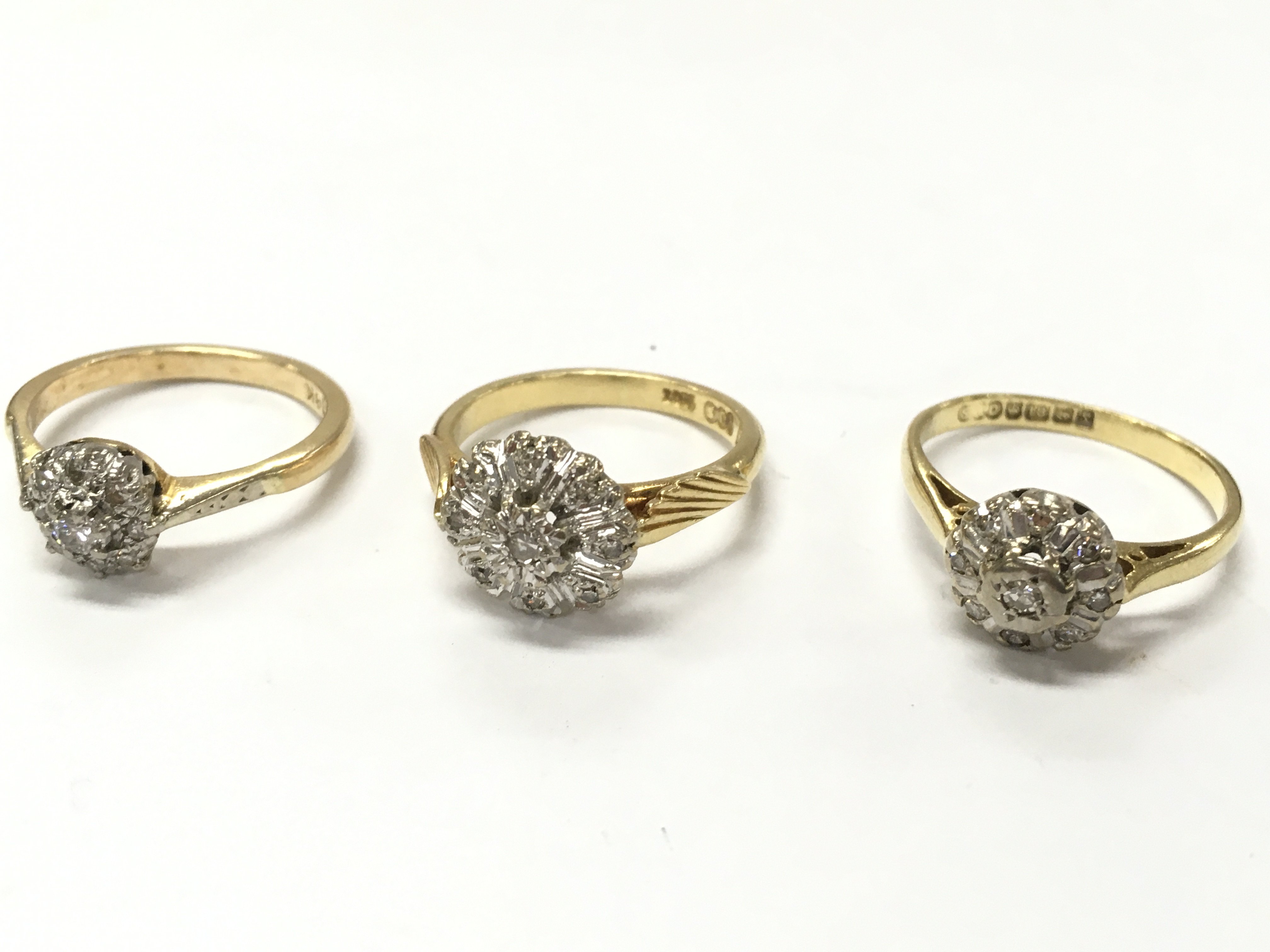 18ct gold diamond cluster rings , Size K, J/K, 10.4g total weight. Postage category A