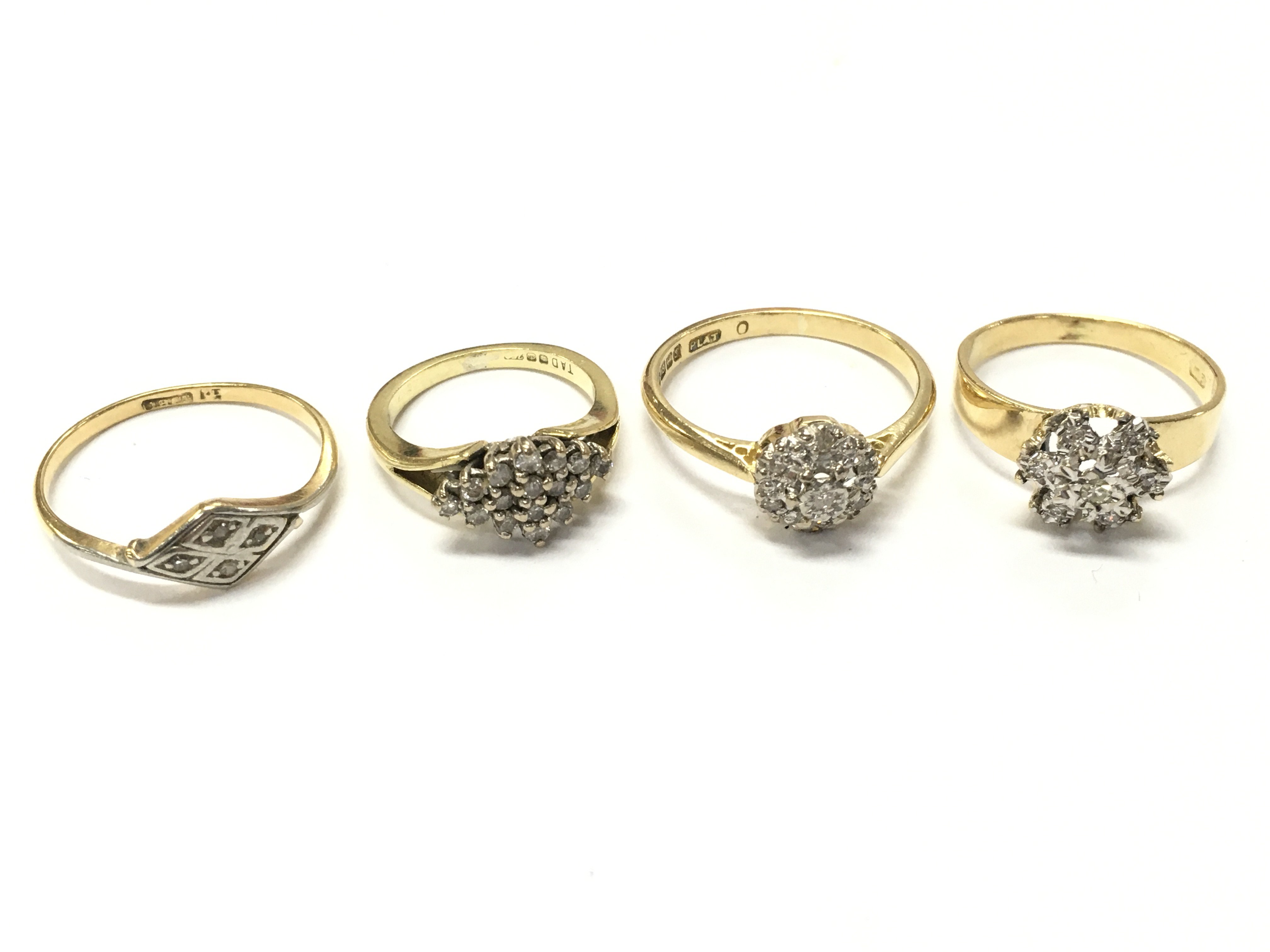 18ct gold diamond cluster rings , 10.5g total weight. Sizes E, J, N. Postage category A