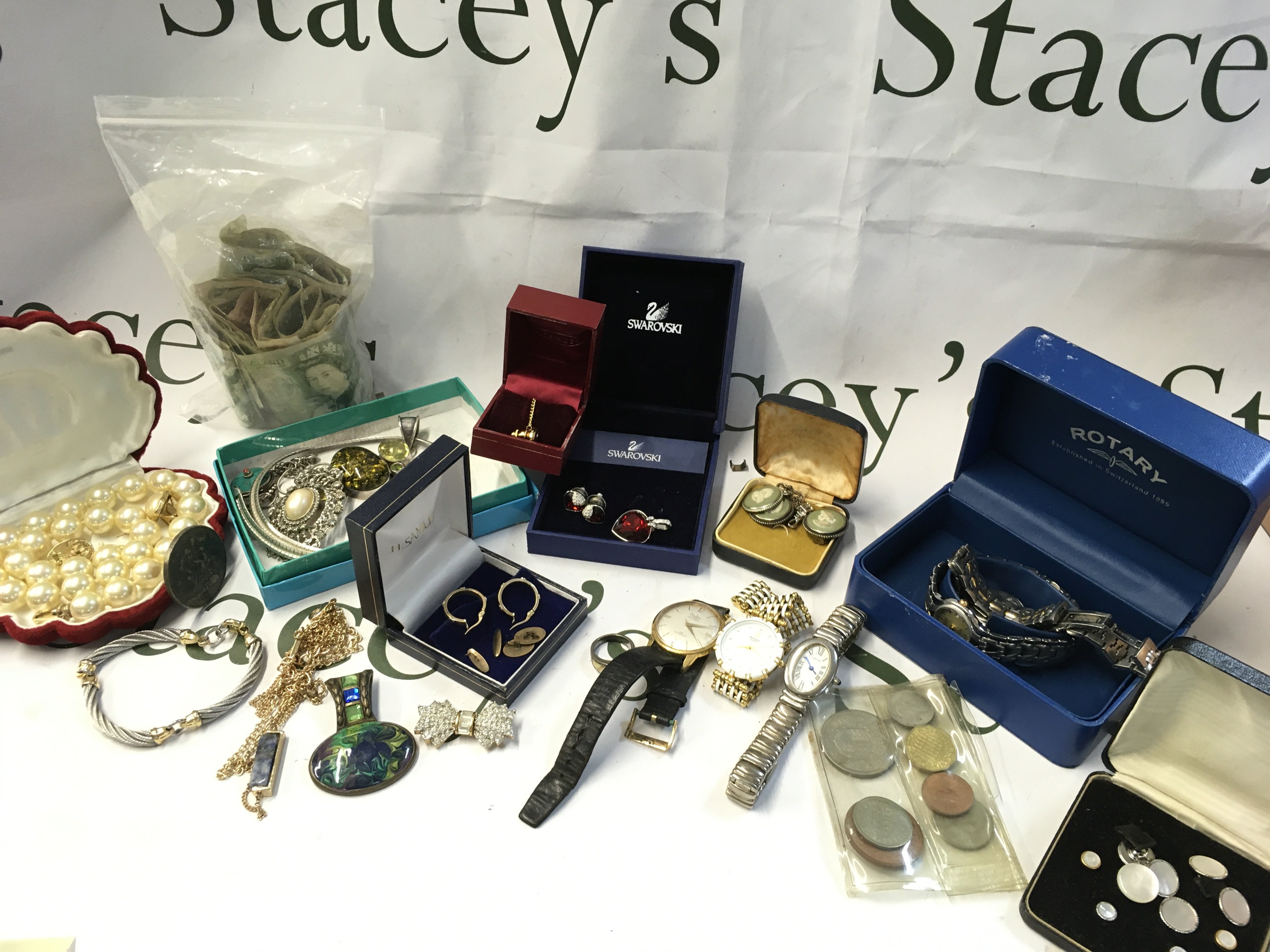 Jewellery including watches, necklaces, brooches, One pound notes, 9ct gold cufflinks and earrings etc