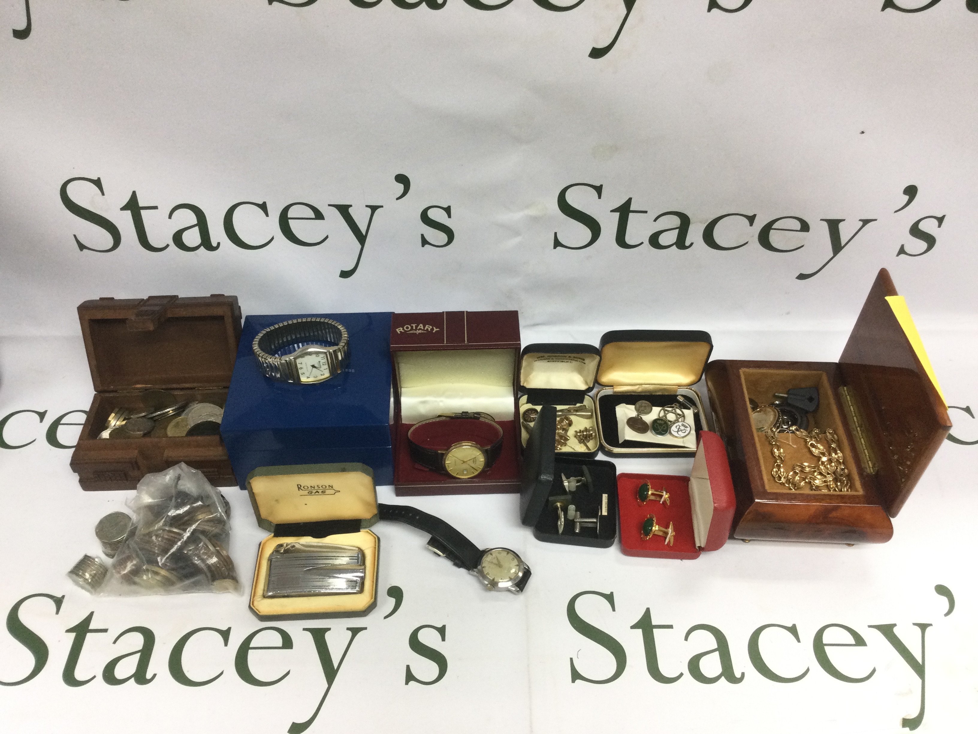 A collection of costume jewellery, coins and watches. Shipping category B.