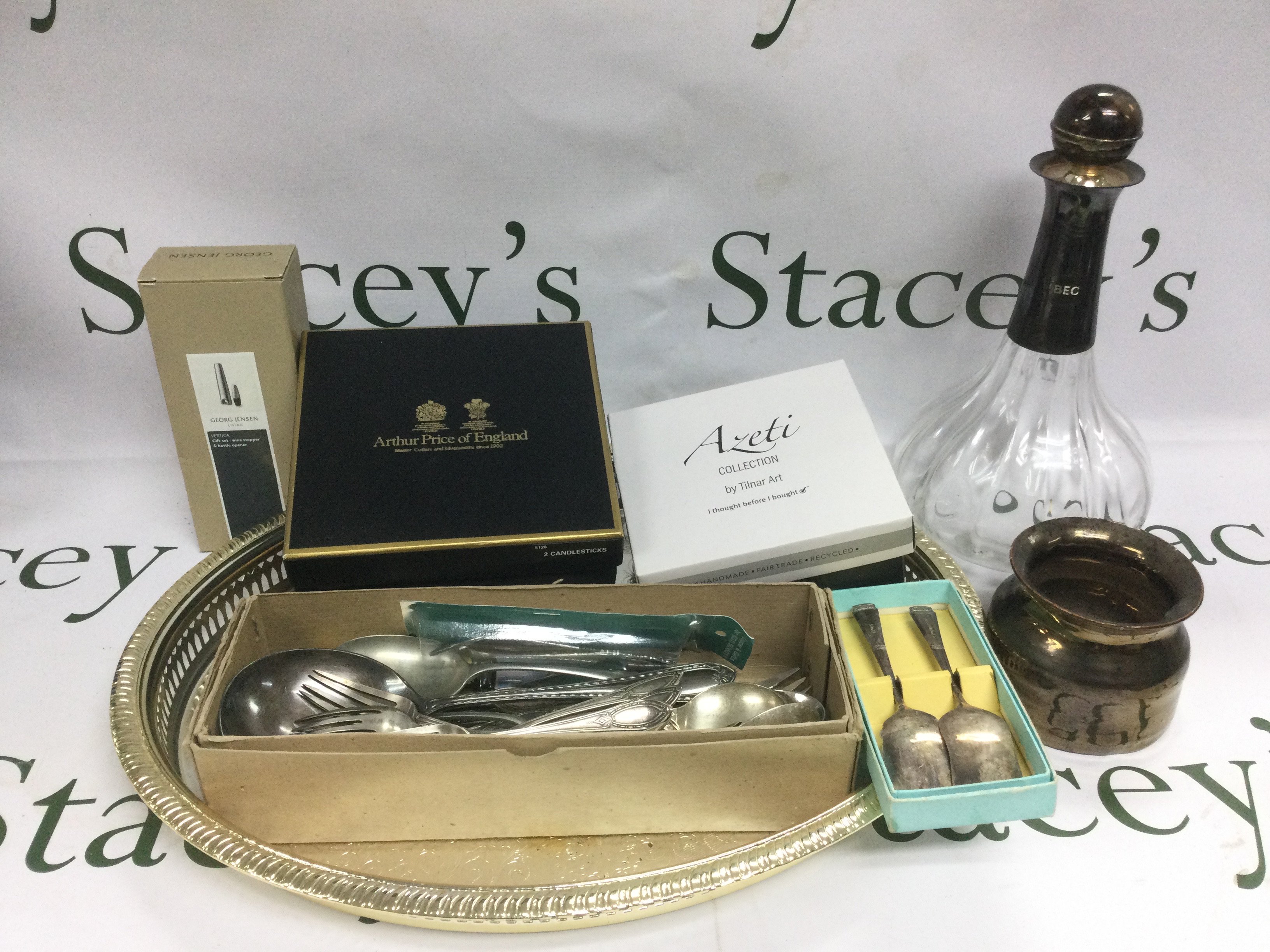 A collection of silver plated items plus some glassware. Shipping category D.