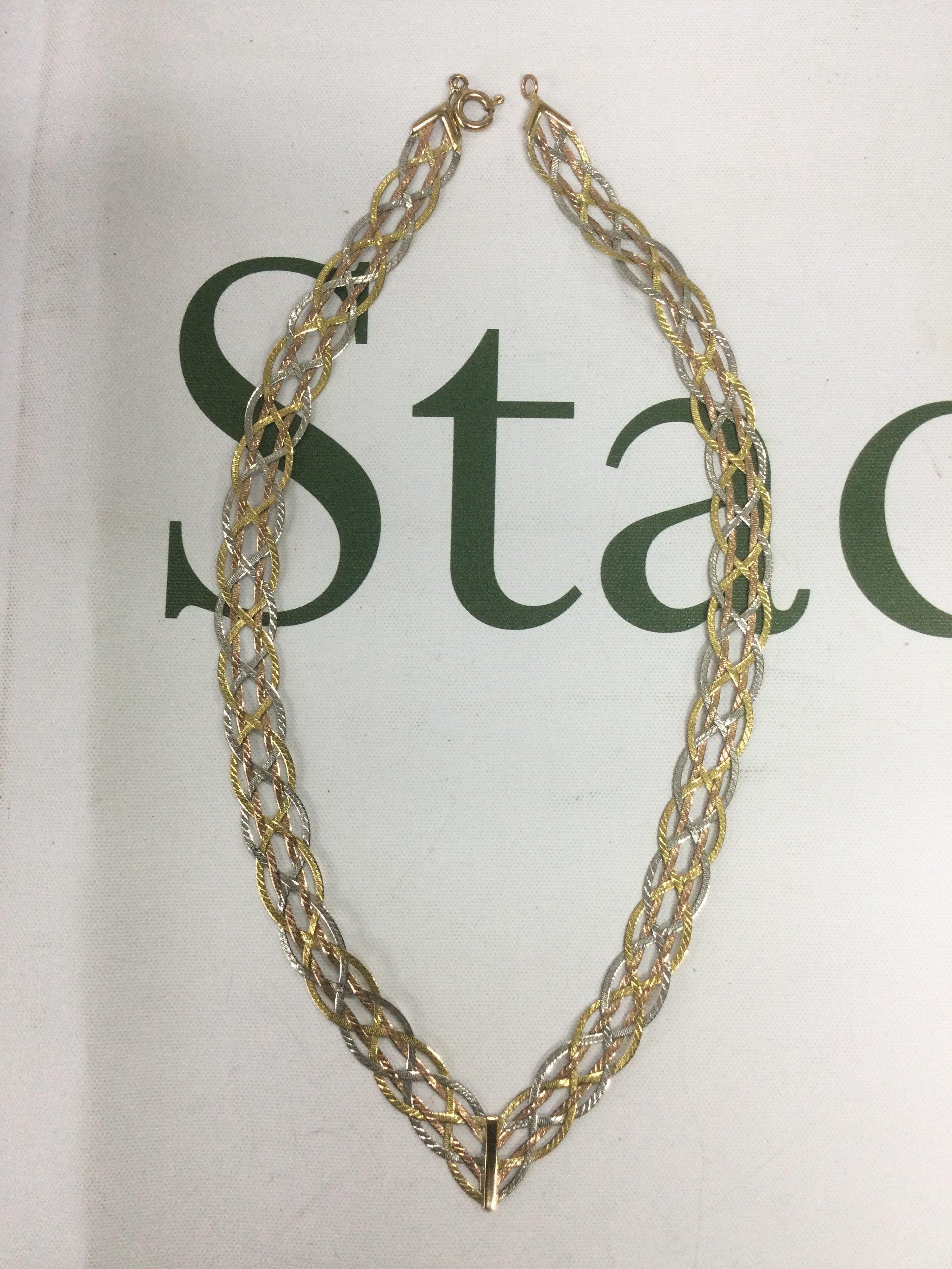 A 9ct gold tri colour necklace, approx 8g. Shipping category A.