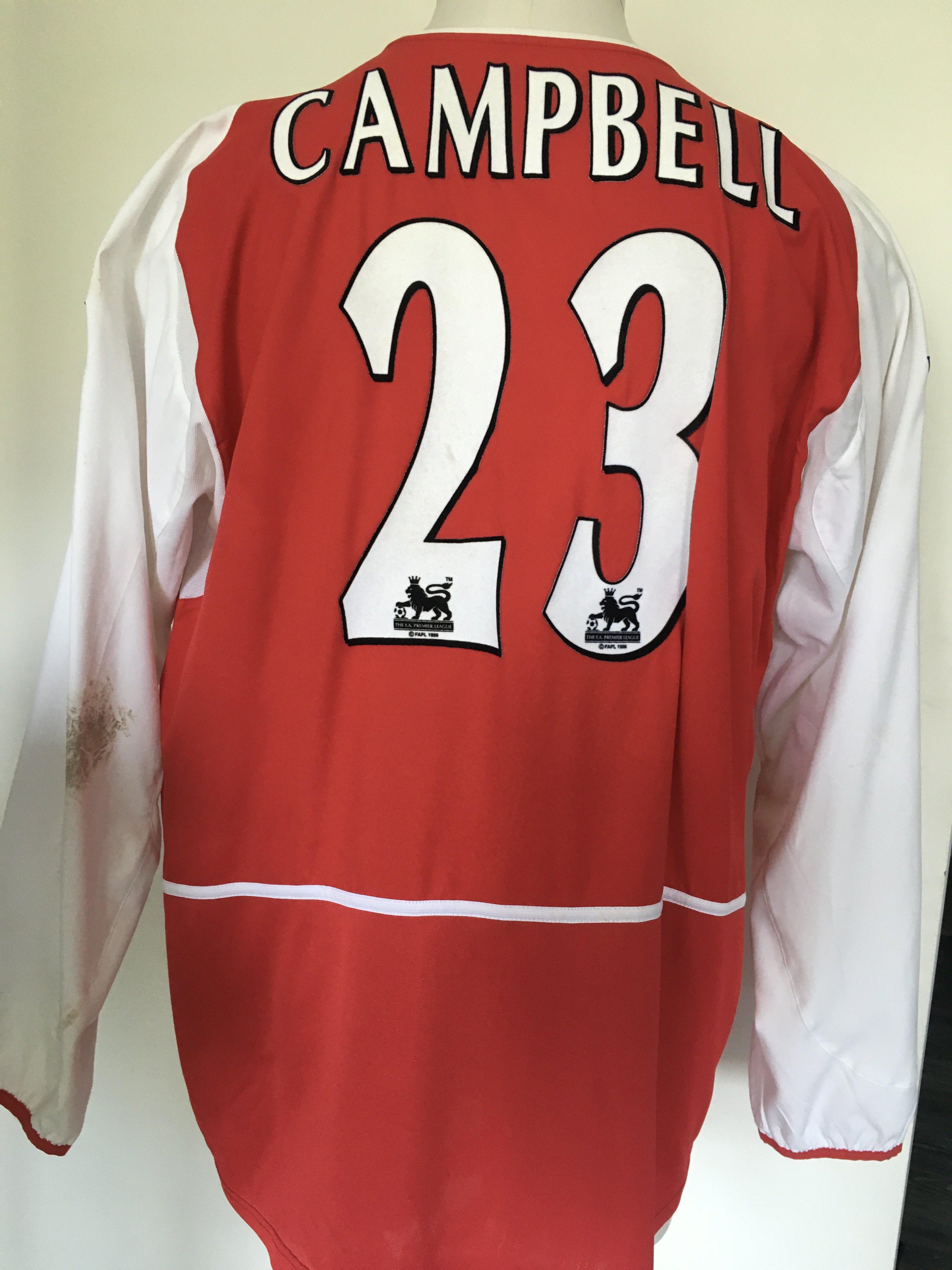 Sol Campbell Arsenal Match Worn Football Shirt: Red long sleeve unwashed Premier League shirt with number 23 Campbell to rear. Premier League badge badging to arms.