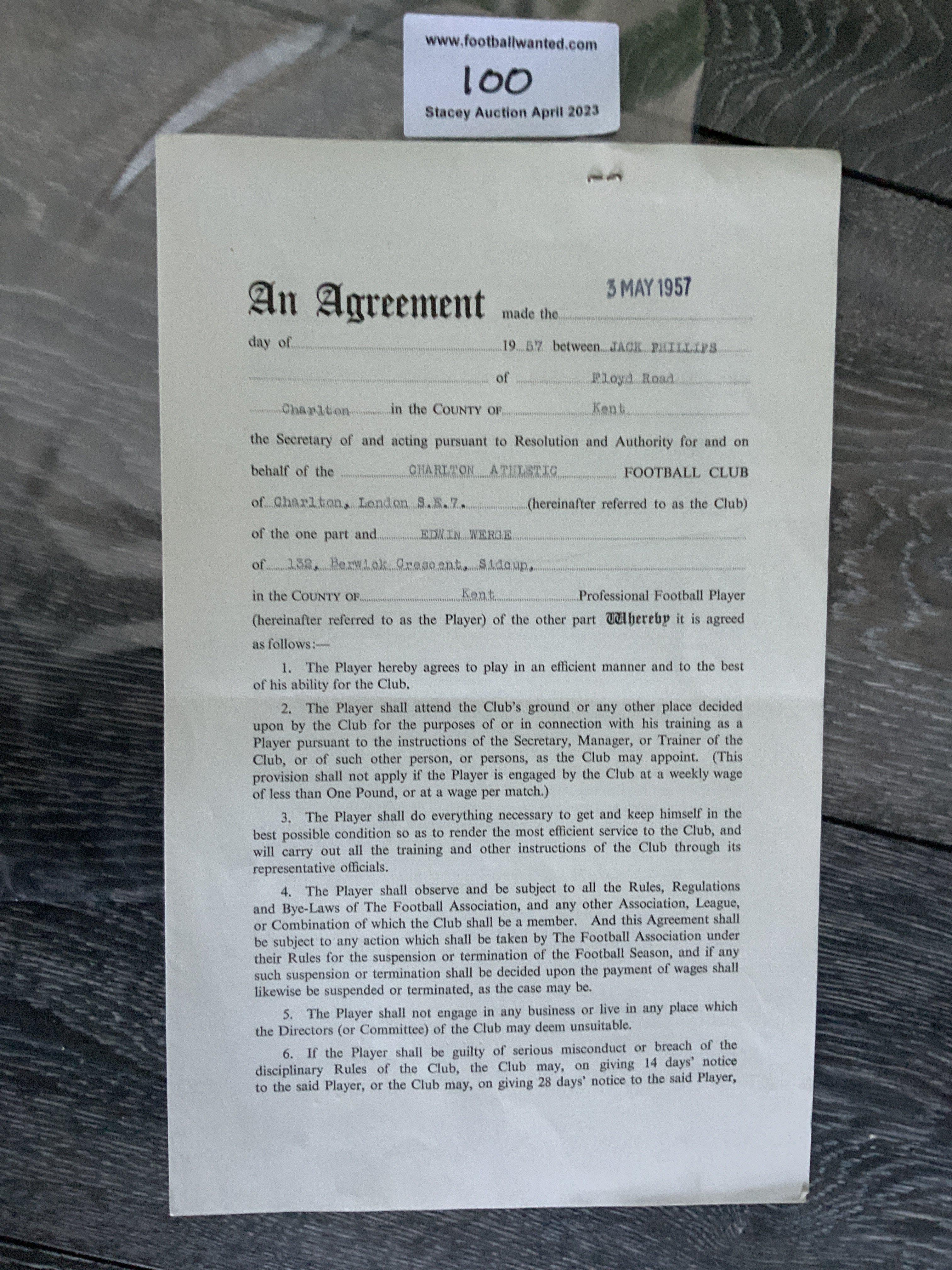 Charlton Athletic 1957/58 Football Contract: Issued and signed by Edwin Werge which was his first professional after signing from Bexley. Excellent.