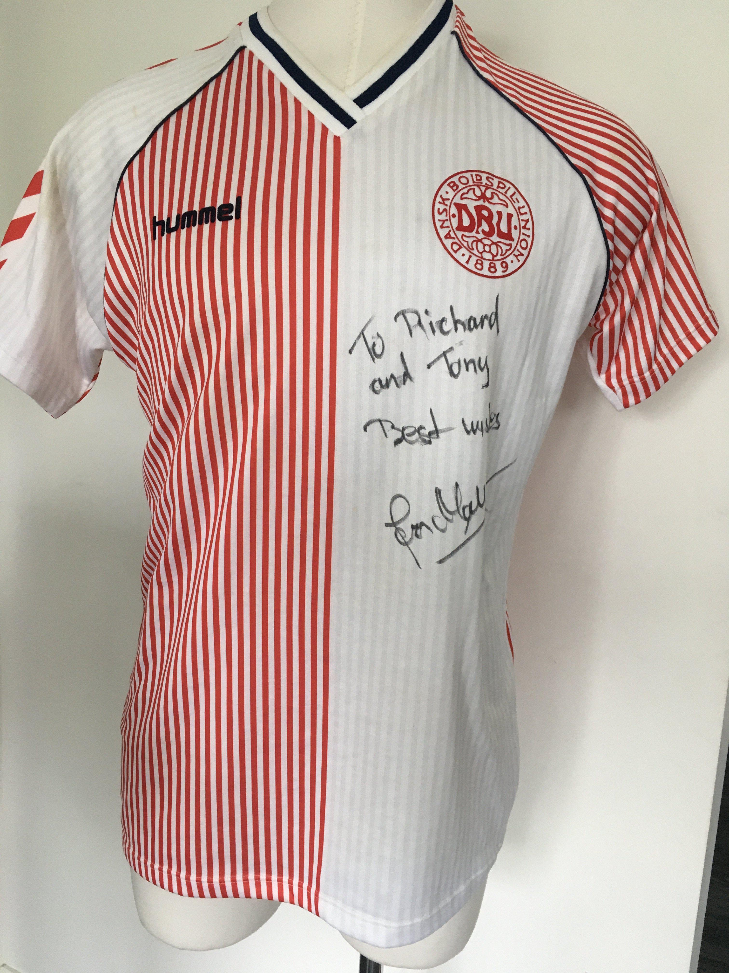 Jan Molby 1986 Denmark Match Worn Football Shirt: Hummel short sleeve XL shirt with navy blue number 7 to rear. Iconic shirt with half red and white narrow stripes. Signed and dedicated to vendors, who have been long term friends and associates of his club side Liverpool. Match unknown but Molby did wear this style shirt at the Mexico World Cup. Unwashed. Please note this shirt sold at last sale with a hammer price of two thousand pounds. Our vendor was paid but the winning bidder used a catalogue of excuses not to pay. This well known Denmark collector is now banned from using the saleroom. Please do not bid unless you have the funds to purchase.