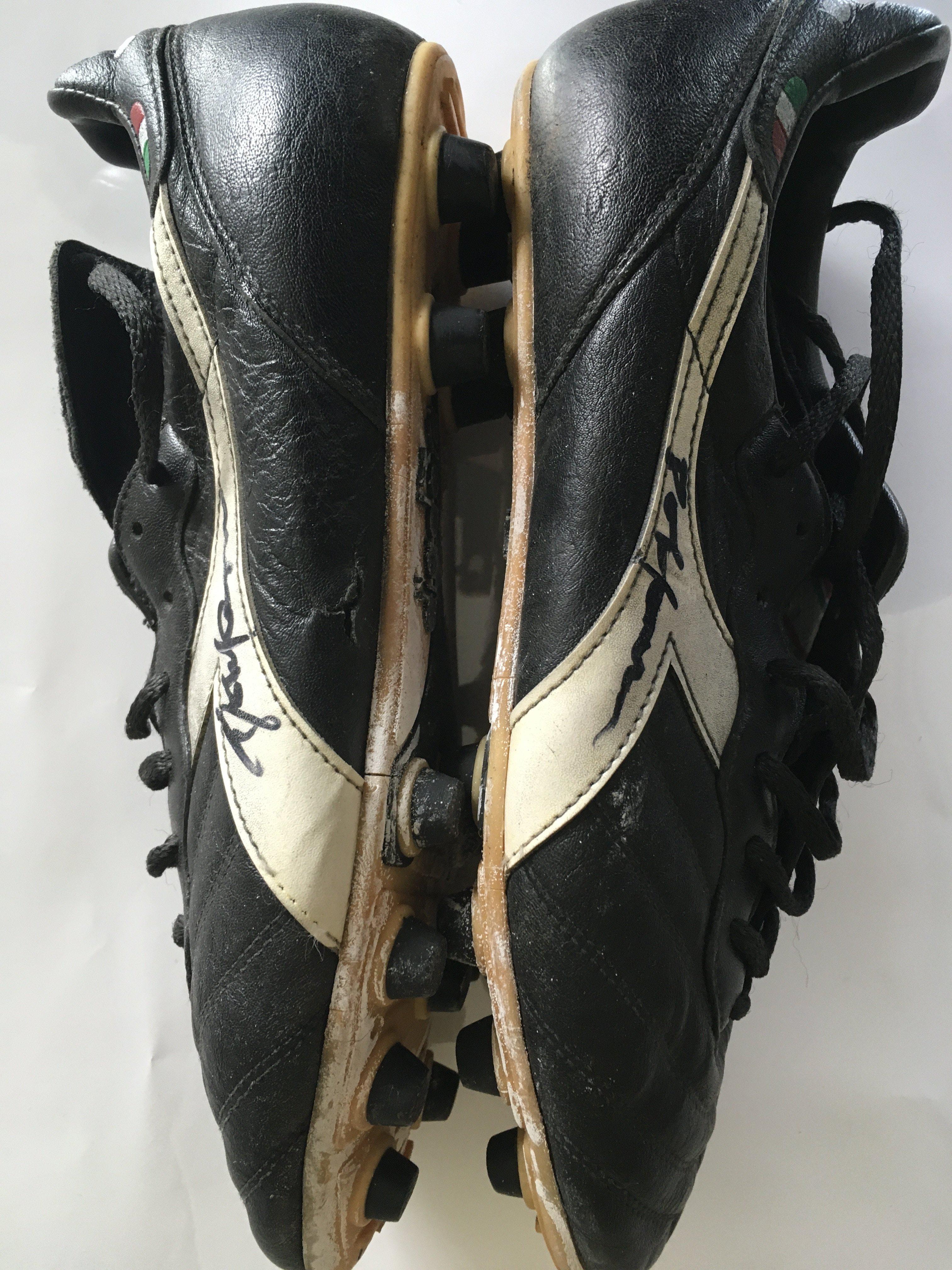 John Barnes Match Worn Signed Football Boots: Diadora with shorter rubber studs worn by the Liverpool and England star. Signed on white stripes on both boots without dedication. John informed vendor these were the boots worn in his last game for England v Finland as he got injured playing in them.