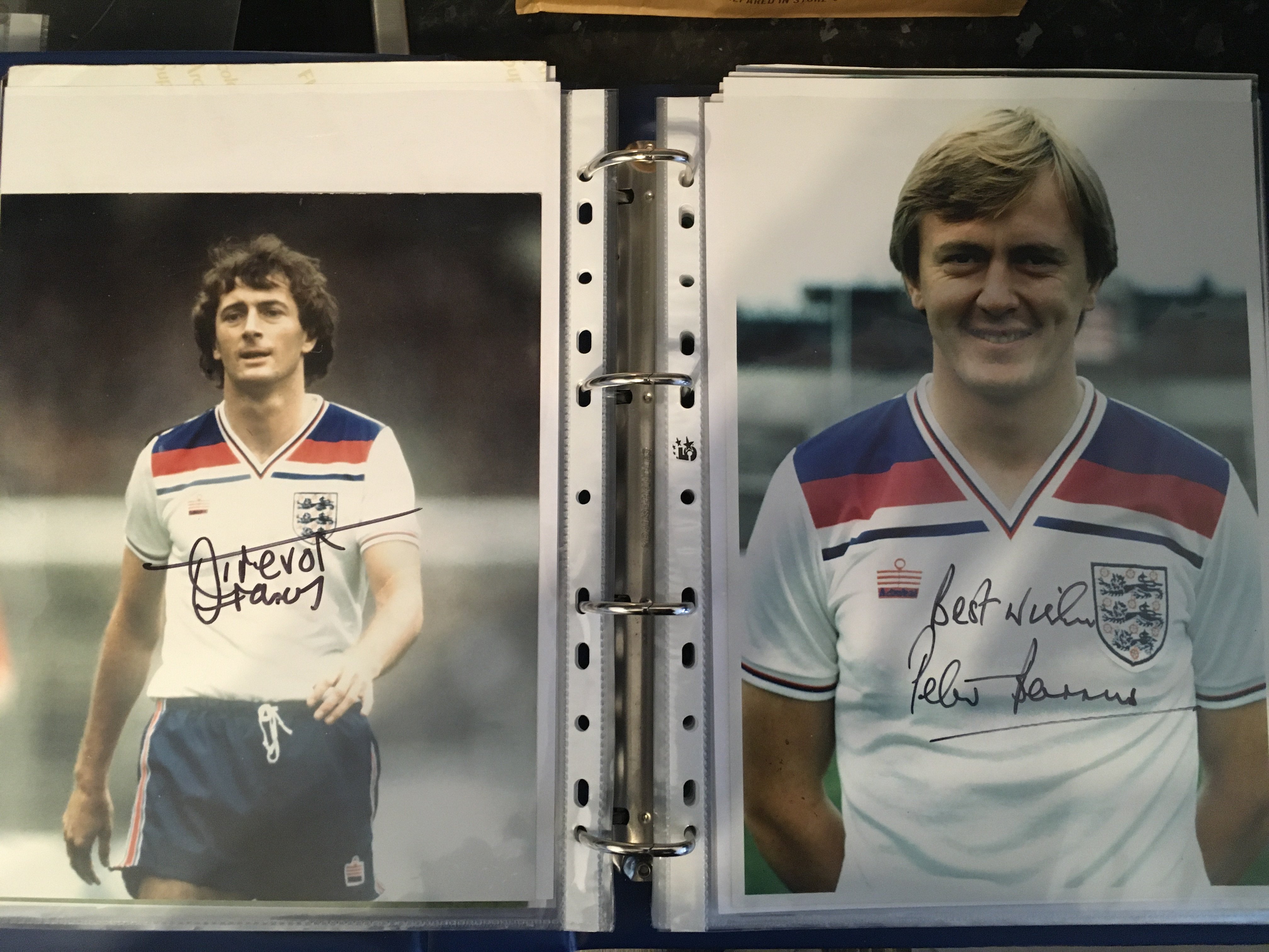 England Signed Football Photos: Majority are 12 x 8 inch in collectors folder. Includes Shilton, Hoddle, Brooking, Keegan, Pearce, Barnes, Ince, Parker, Shearer, Dorigo, Banks, Hurst, Le Tissier and more. There are also unsigned photos of England players plus 4 signed famous sports people. 70 photos of which 50 are signed.