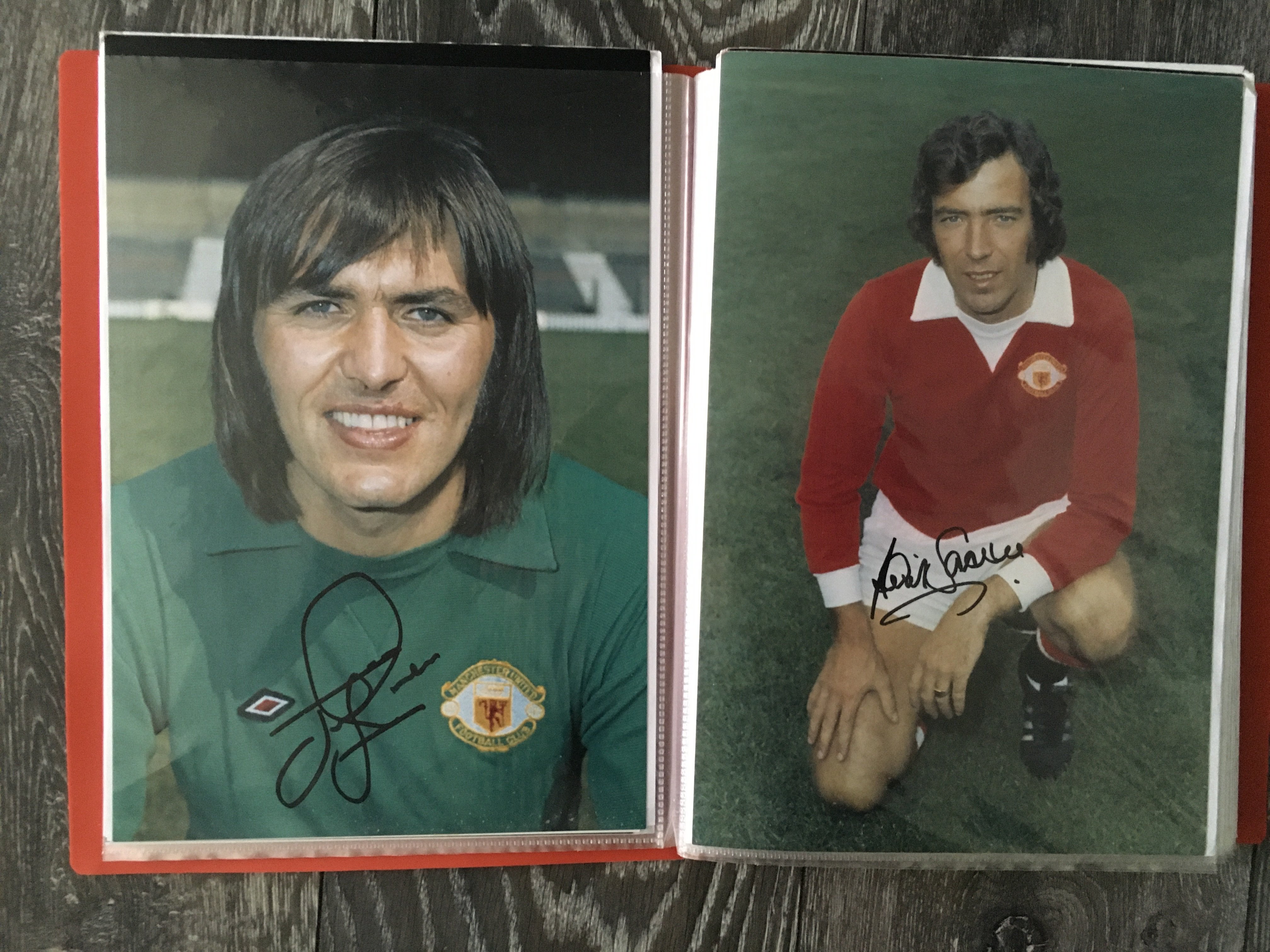 Manchester United Signed Football Photo Collection: All 12 x 8 inch neatly presented in collectors folder. Signed in black marker with no dedication. Includes Bruce, Sadler, Stepney, Robson, Whiteside, Webb, Albiston, Dublin and Parker. Light duplication of player but never the same photo. (60)