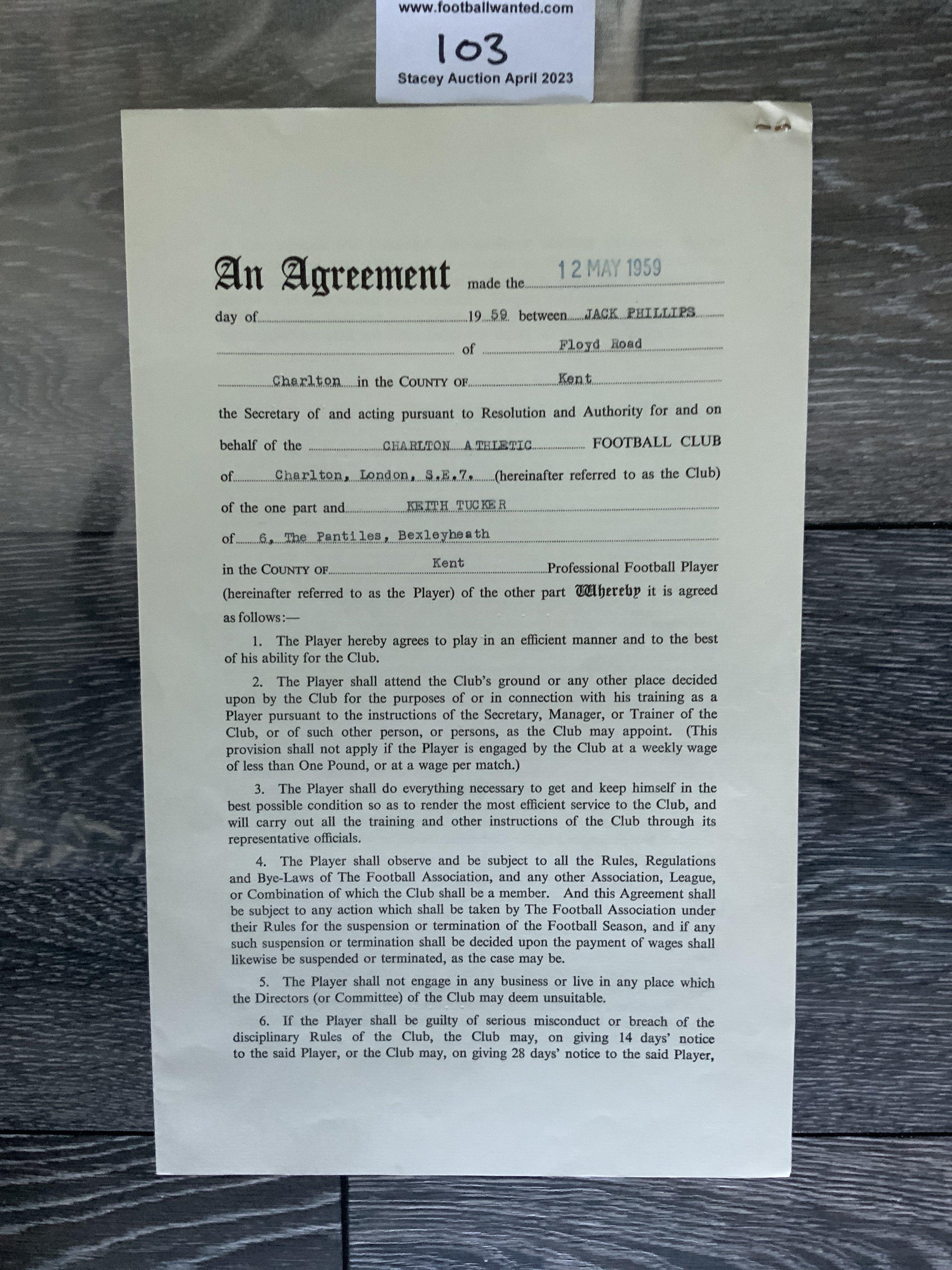 Charlton Athletic 1957/58 Football Contract: Issued and signed by Keith Tucker in his last season for Charlton. There there for 8 seasons playing only 3 times. Excellent.