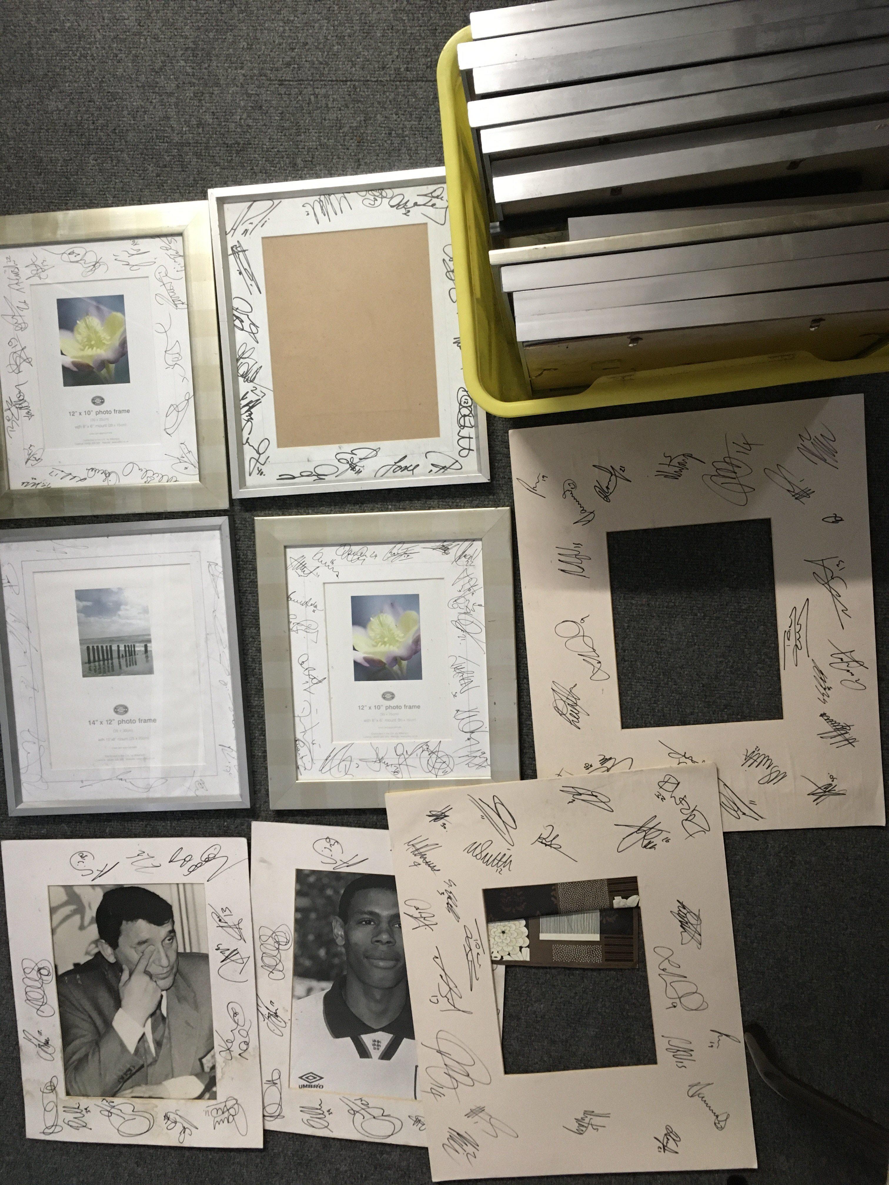 Signed Framed Mounts Of Football Teams: Im afraid we cant tell you much about these 17 framed mounts as from a deceased estate. Whilst they look genuine it is not clear what the teams are although we believe some were collected by Southend supporter of their opponents. There are also some unframed. Without lower league knowledge at least there is some useful frames. Instructions to sell.