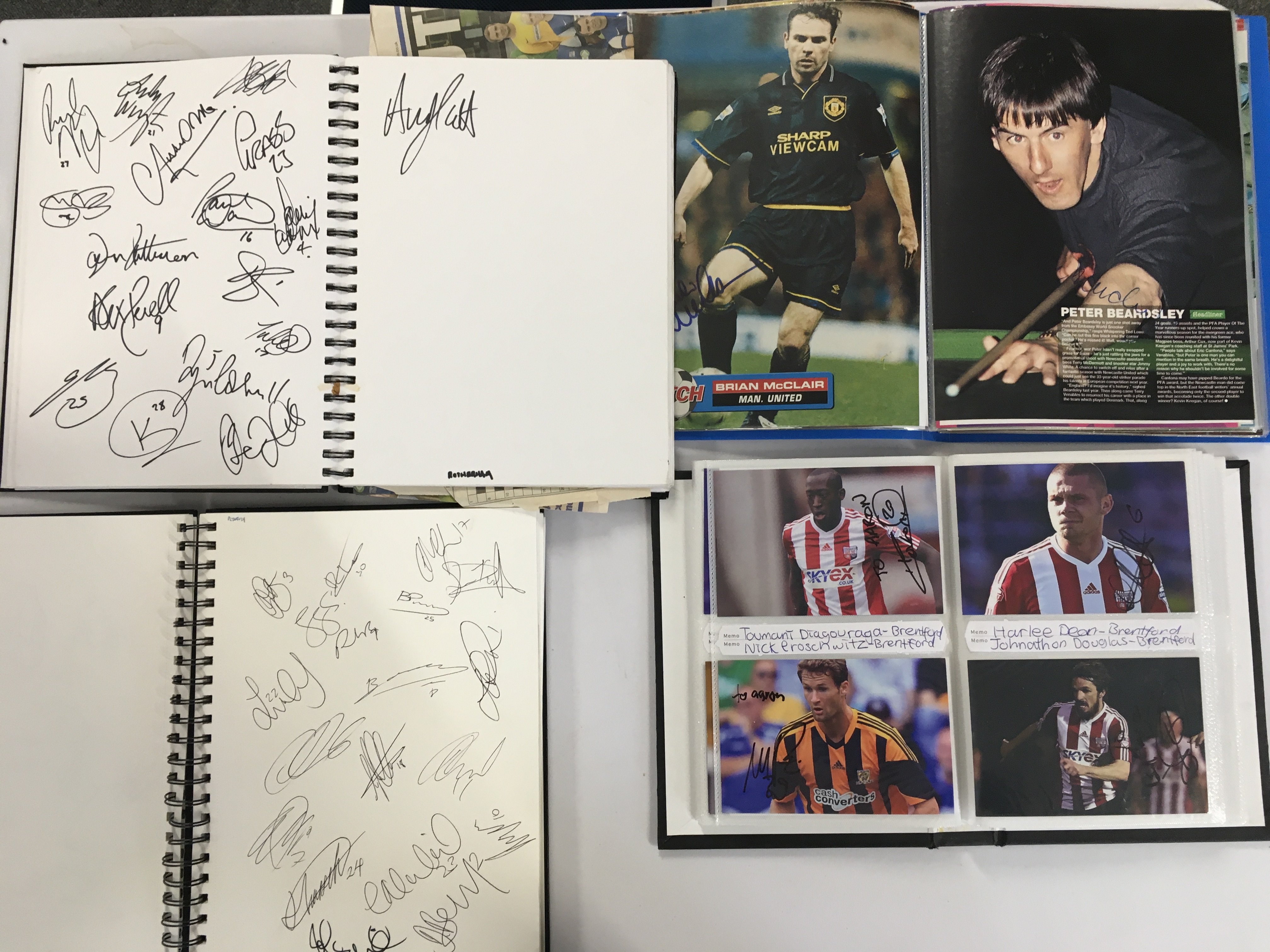 Large Modern Autograph Books: Some nice A4 white pages signed by teams who were opponents of Southend in the day including Scunthorpe, Rotherham, Crawley, Preston, Shrewsbury, Plymouth, Oldham, Morecombe full squads. C/W a photograph album of modern signed postcard size photos and white cards some dedicated to Aaron. 4th album has a lot of large magazine pictures of big name players from the 70s to the 90s. (4 albums)