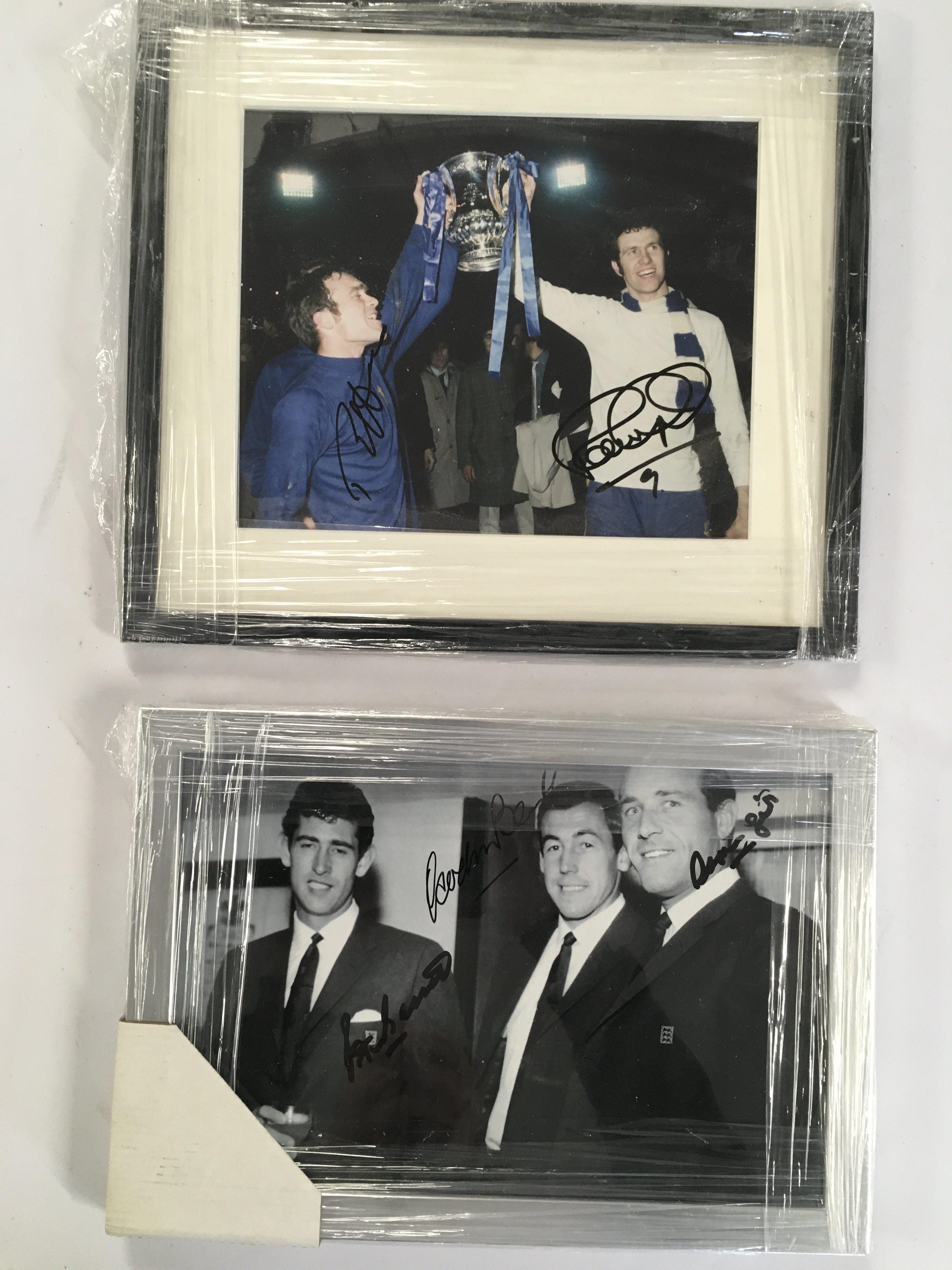 Chelsea + England Signed Framed Football Photos: England 1966 World Cup goalkeepers Bonetti, Springett and Banks together all signed and a 1970 picture of Osgood and Harris holding the FA Cup aloft both having signed. (2)