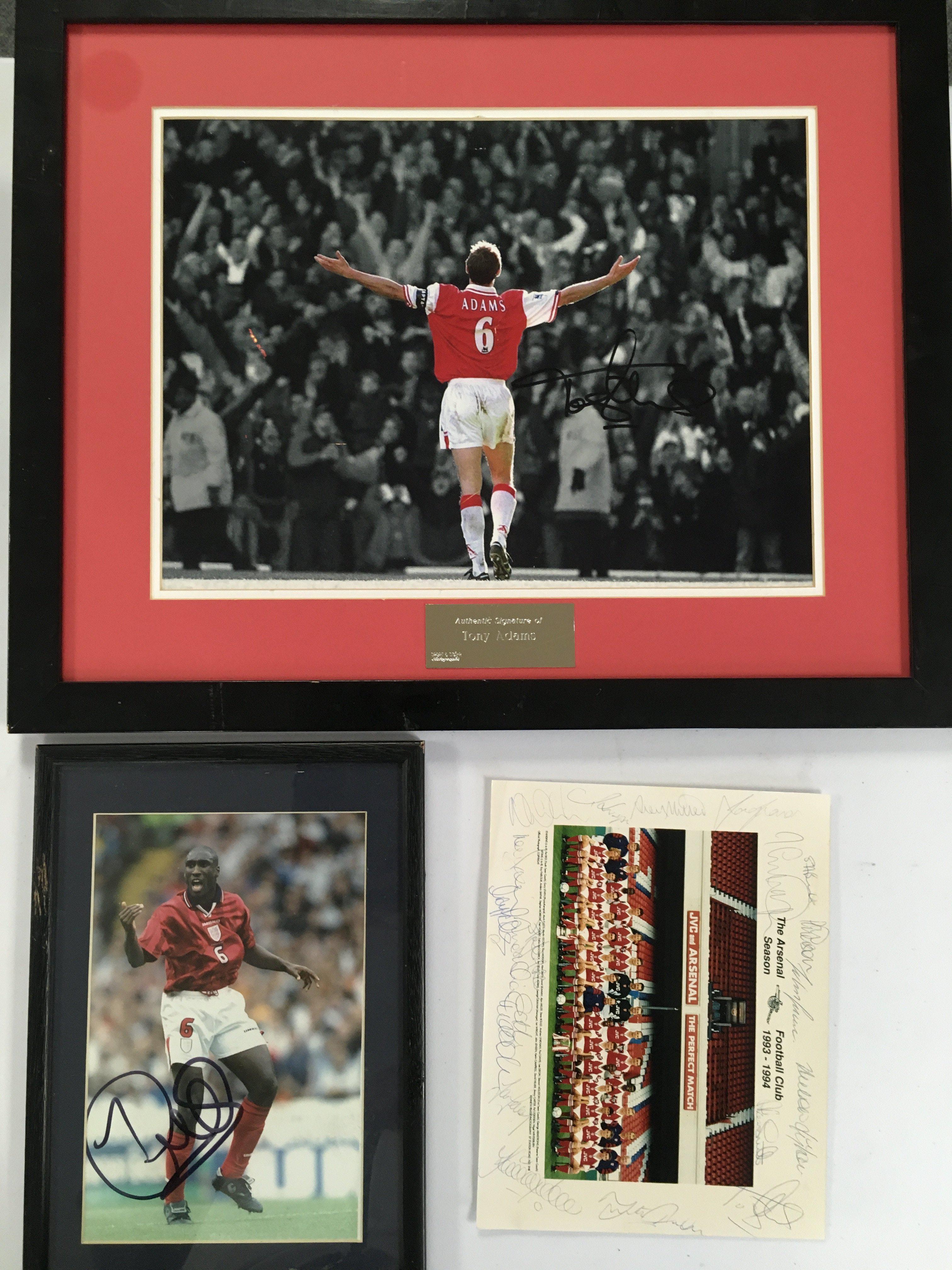 Arsenal Signed Football Memorabilia: Unglazed framed signed picture of Tony Adams with reputable COA. 93/94 team group signed to border by 19 including Seaman, Adams and Merson, Sol Campbell signed picture and a gold Sega sponsored XXL 2001/02 football shirt which has Dad 2000 to rear.