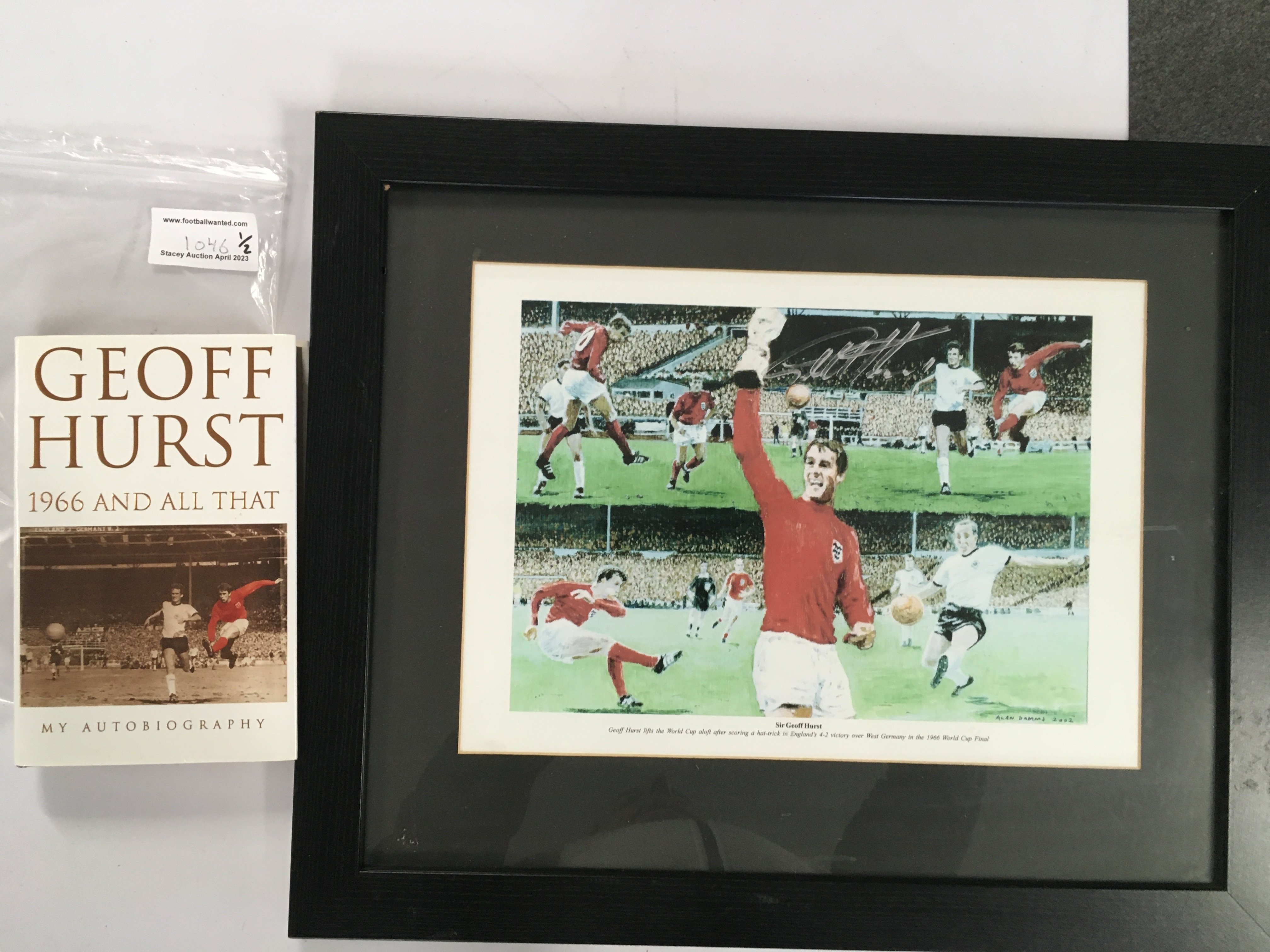 Geoff Hurst England Signed Book + Print: 1966 And All That hardback autobiography hand signed without dedication. C/W print of Hursts goals in the 1966 World Cup final signed by him in silver with COA. (2)
