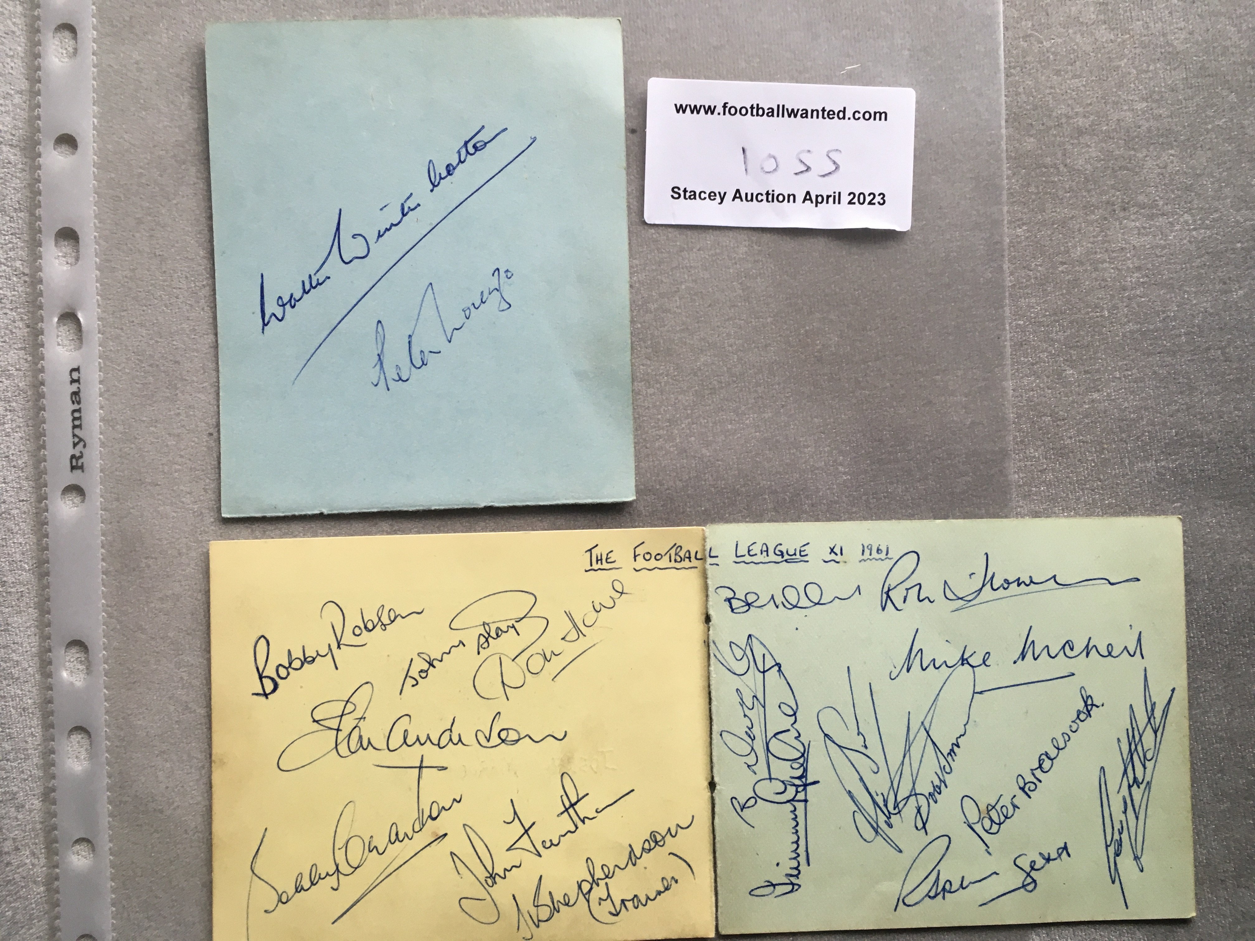 1961 England X1 Football Autographs 1961 Charity Shield: The Charity Shield was between Tottenham and an England X1 as Spurs had completed the double. The autographs of the England team are on two pages with a further signed by manager Walter Winterbottom and Peter Lorenzo. Two pages are signed by B Robson, B Charlton, Brabrook, McNeil, Flowers, Douglas, Howe Anderson, Haynes, Greaves, trainer Shepherdson, Smith, Swan, Hitchin and a few others.