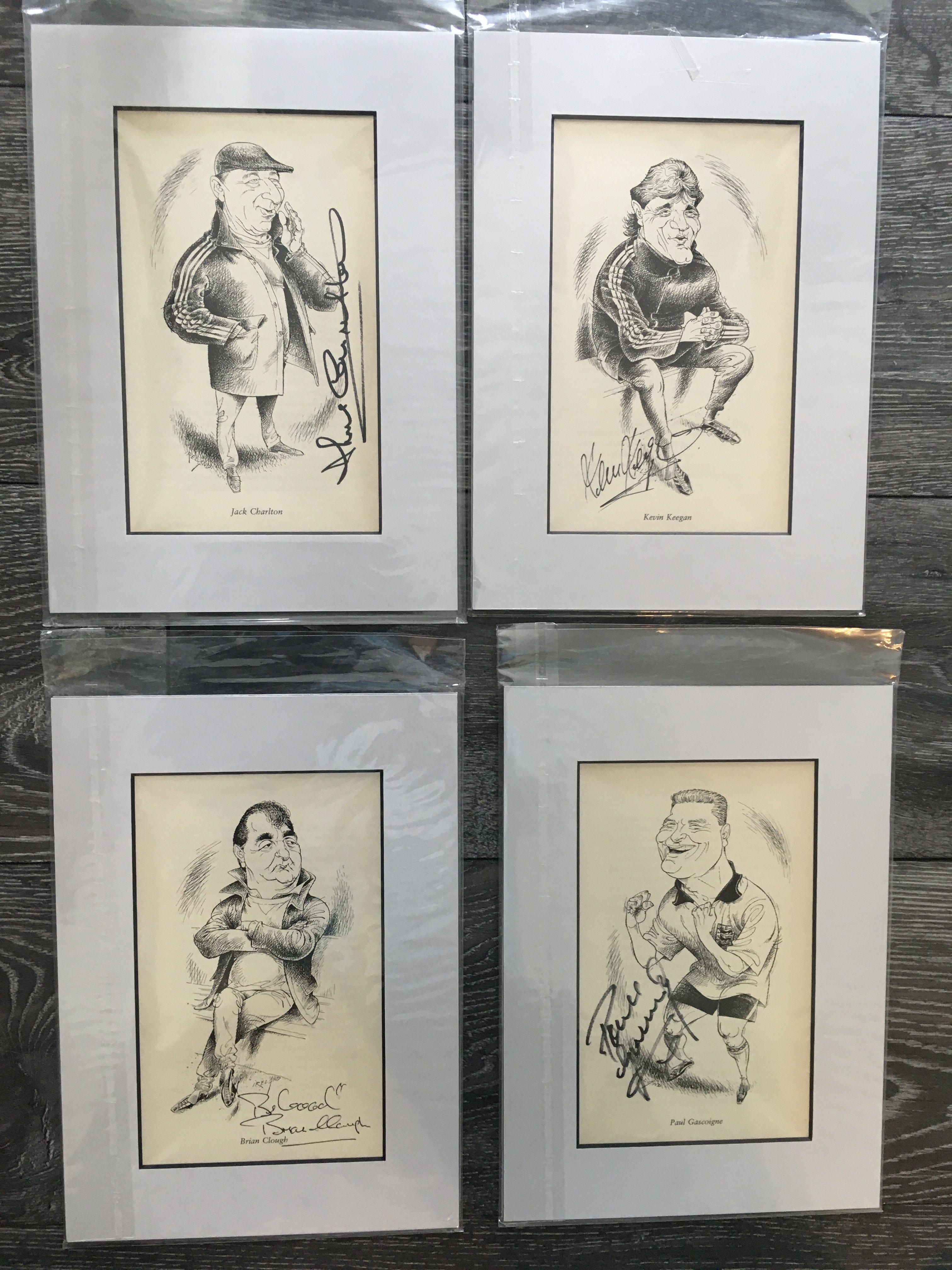 Football Caricature Signed Prints: Four caricatures all hand signed by subject. Includes Kevin Keegan, Brian Clough, Paul Gascoigne and Jack Charlton. In mounts measuring around 11 x 8 inches. (4)