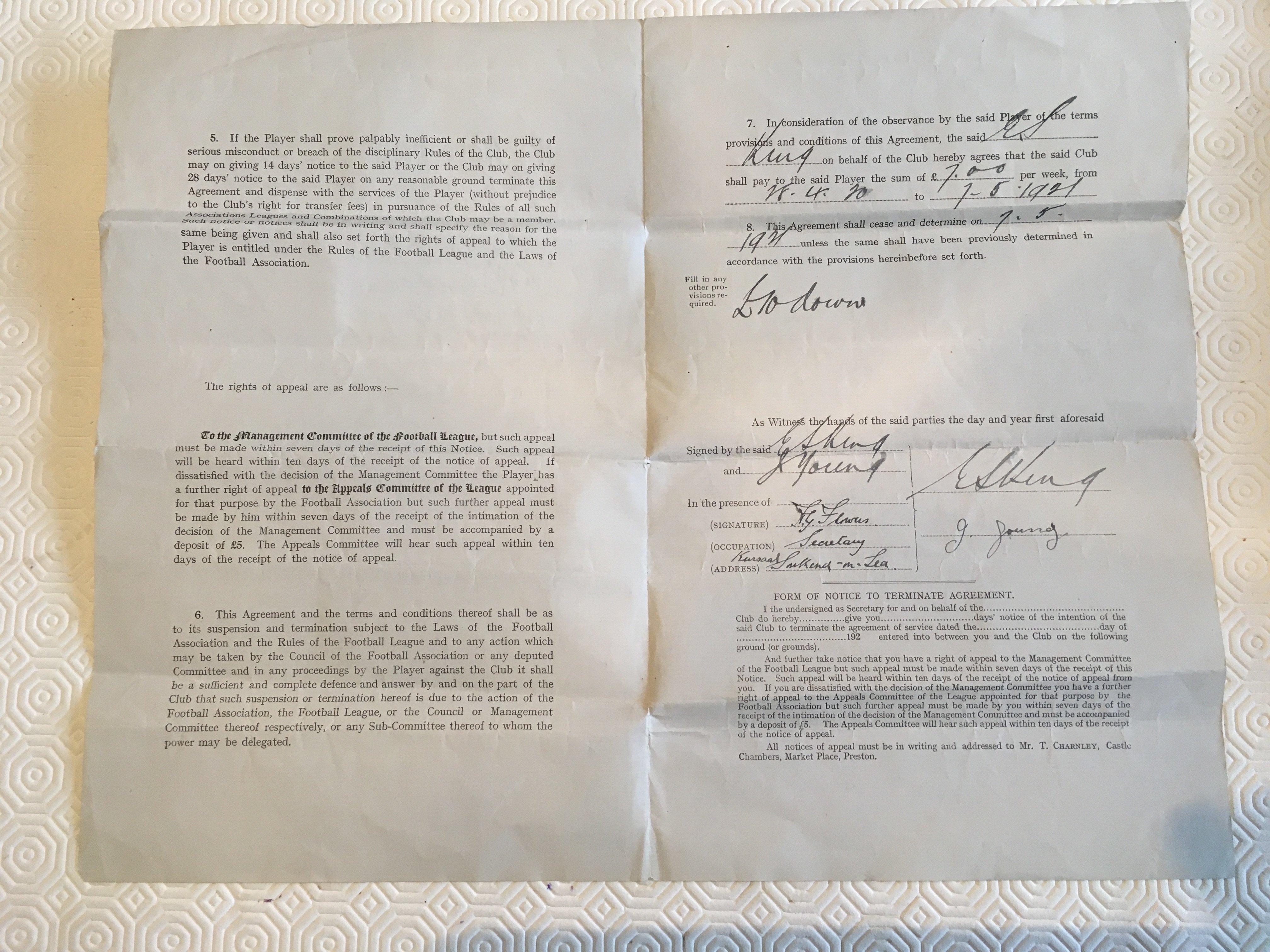 1920/1921 West Ham Player Football Contract: Awarded to 1923 FA Cup finalist Jack Young. Signed by him and manager Sid King. Good with folding.