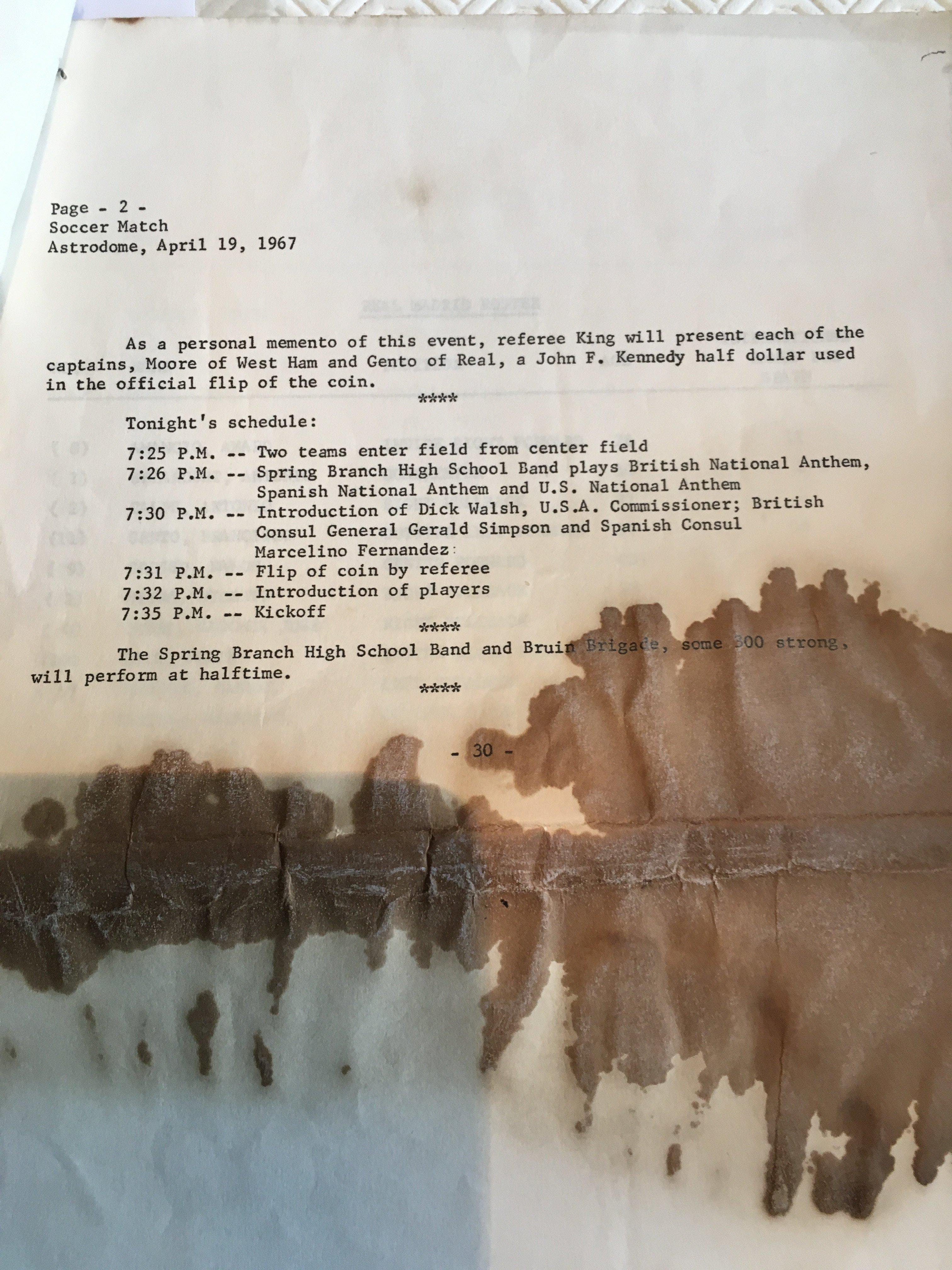1967 Real Madrid v West Ham Football Memorabilia: Press release brought back by a West Ham player stating that this will be the first indoor soccer match in history. It explains the match is being televised in Mexico and the captains will receive a JF Kennedy half dollar coin. It contains a team sheet for both teams but is in very poor condition. C/W a press photo of West Ham directors, manager and some players being introduced to dignitaries in Texas.