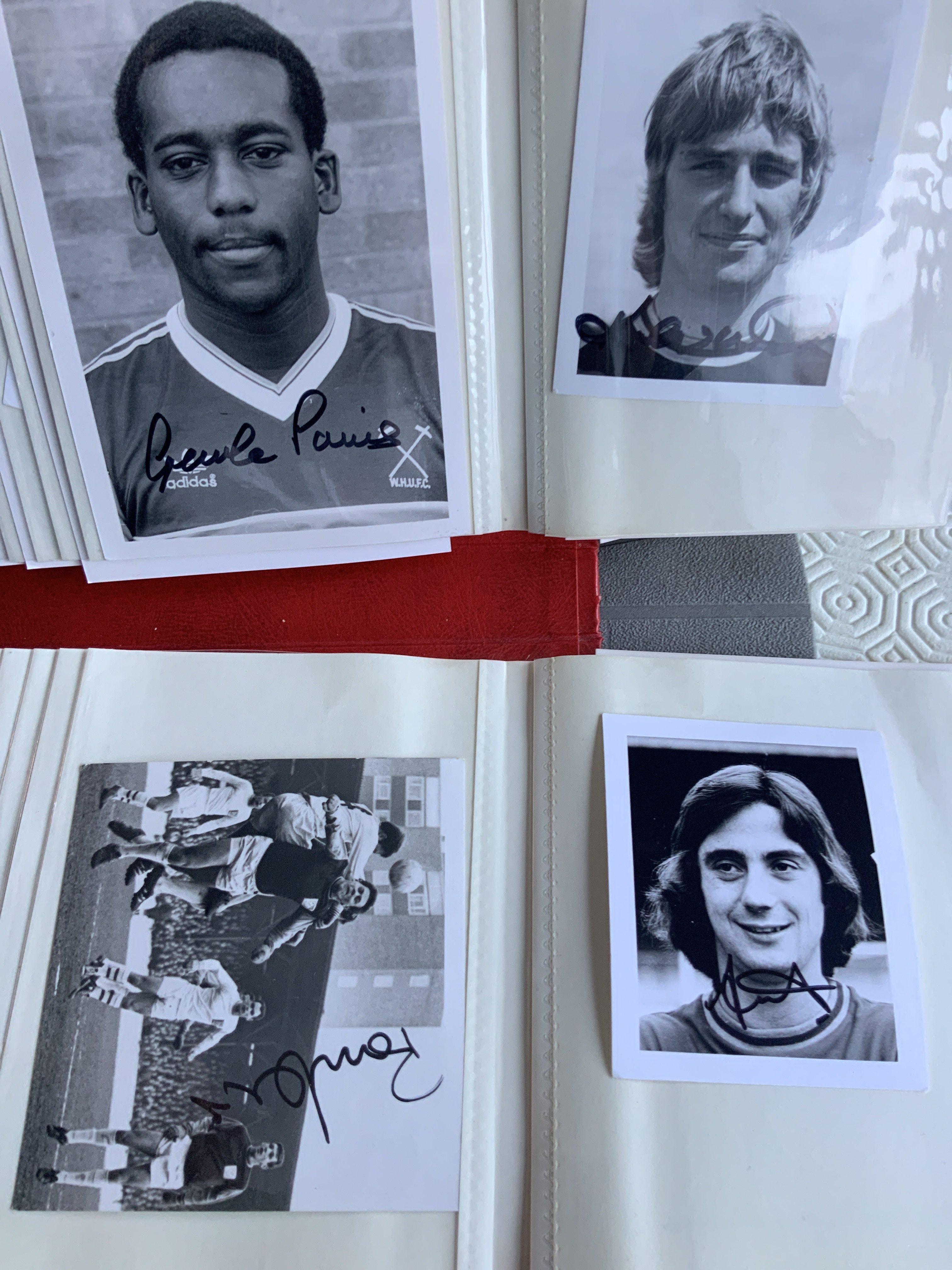 West Ham Signed Football Photos: Club issue photos hand signed without dedication and presented in album. Includes Devonshire, A Taylor, George Parris, Brian Dear and Kevin Lock. Mostly head and shoulder pictures with some match action, all small in size. 27 of the 63 photos are signed.