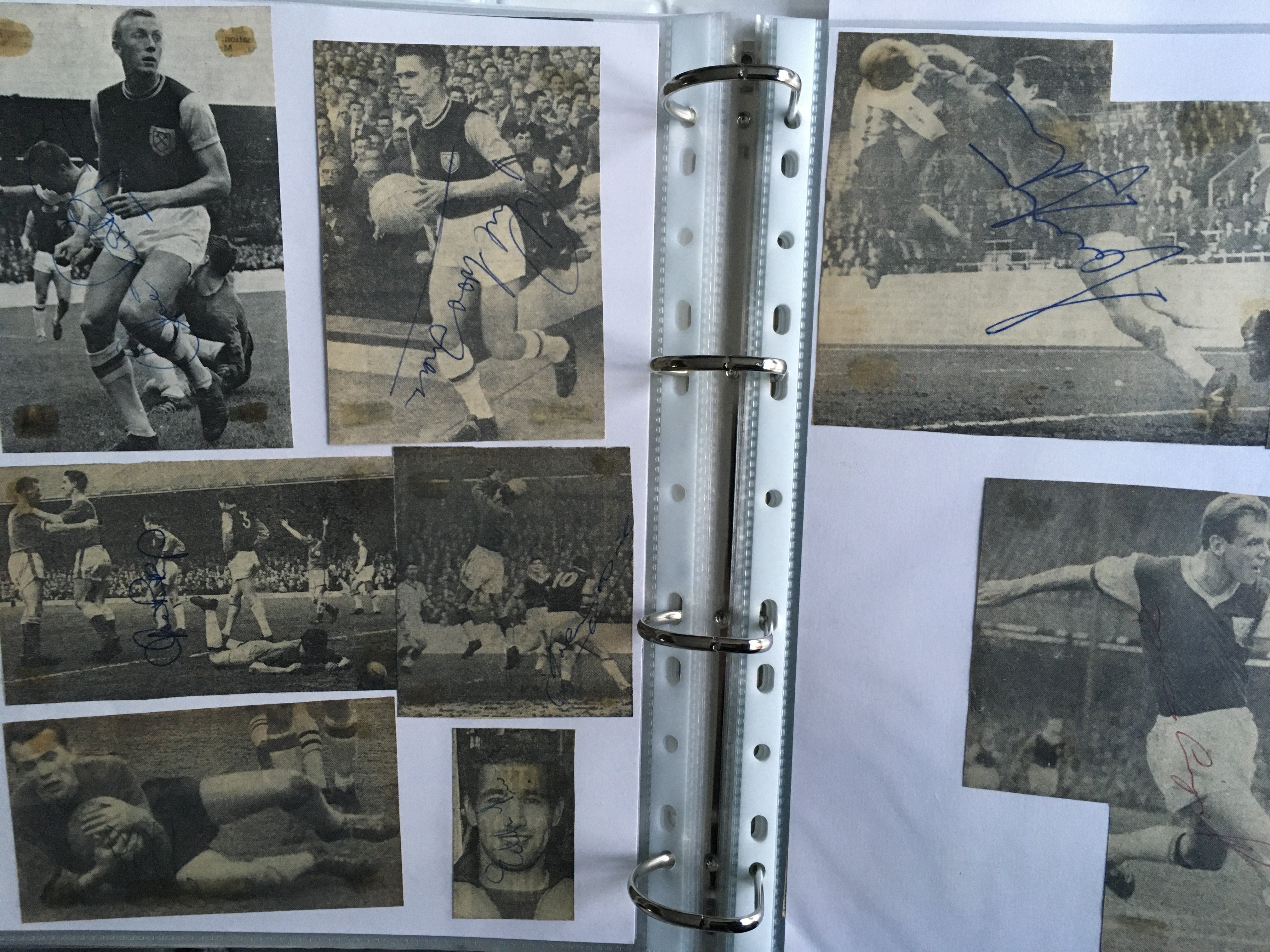 West Ham 1960s Football Autographs: Removed from various publications and hand signed by Woosnam, Brown, Bond, Scott, Kirkup and others with duplication. (100)