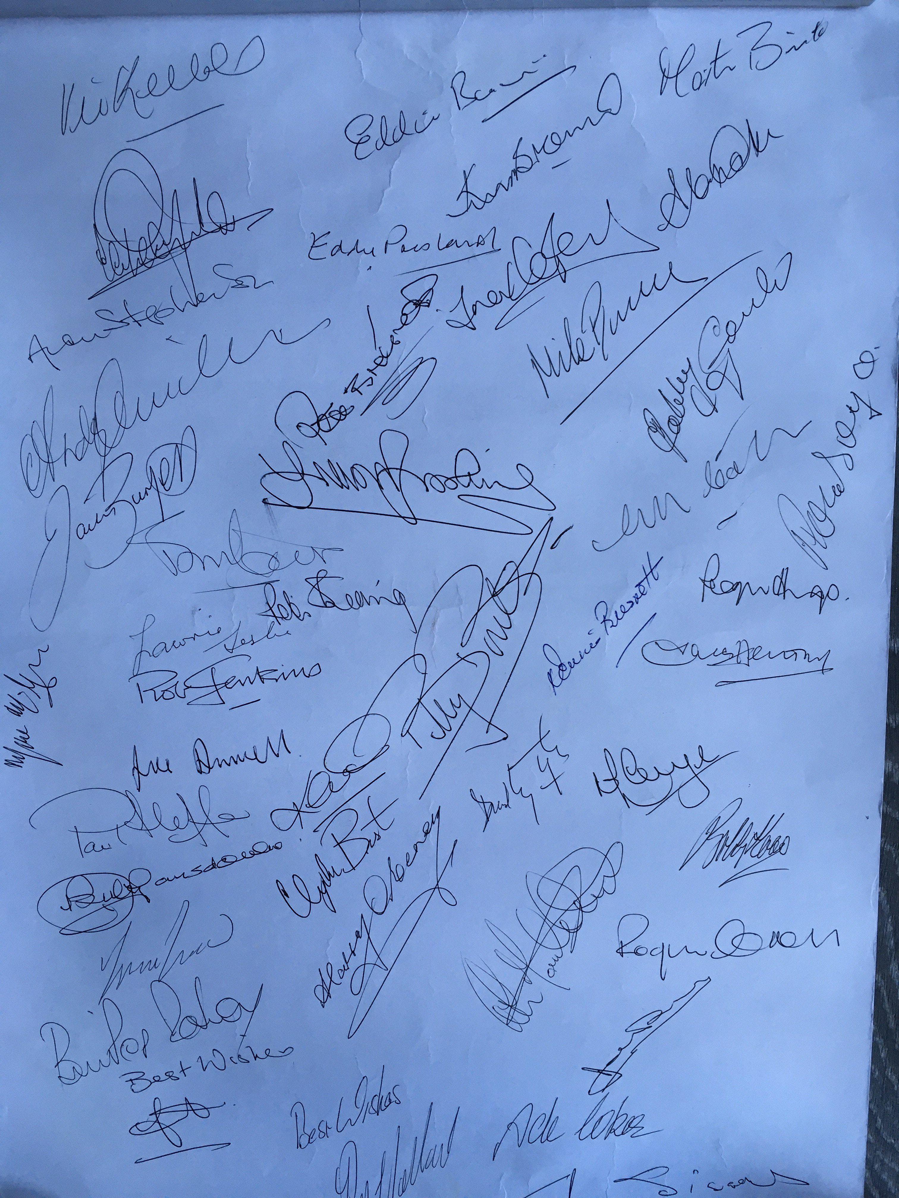 Bobby Moore Book Launch Signed West Ham Poster: Advertising the book They Played With Bobby Moore and signed to blank rear by possibly 40 players who actually did. Obtained by the author who interviewed these players. Signatures include Coker, Keeble, Burkett, Brown, Bovington, Brooking, Obeney, Brabrook, Boyce, Heffer, Holland, Presland, Best and many other Hammers. Stunning item with light crease.