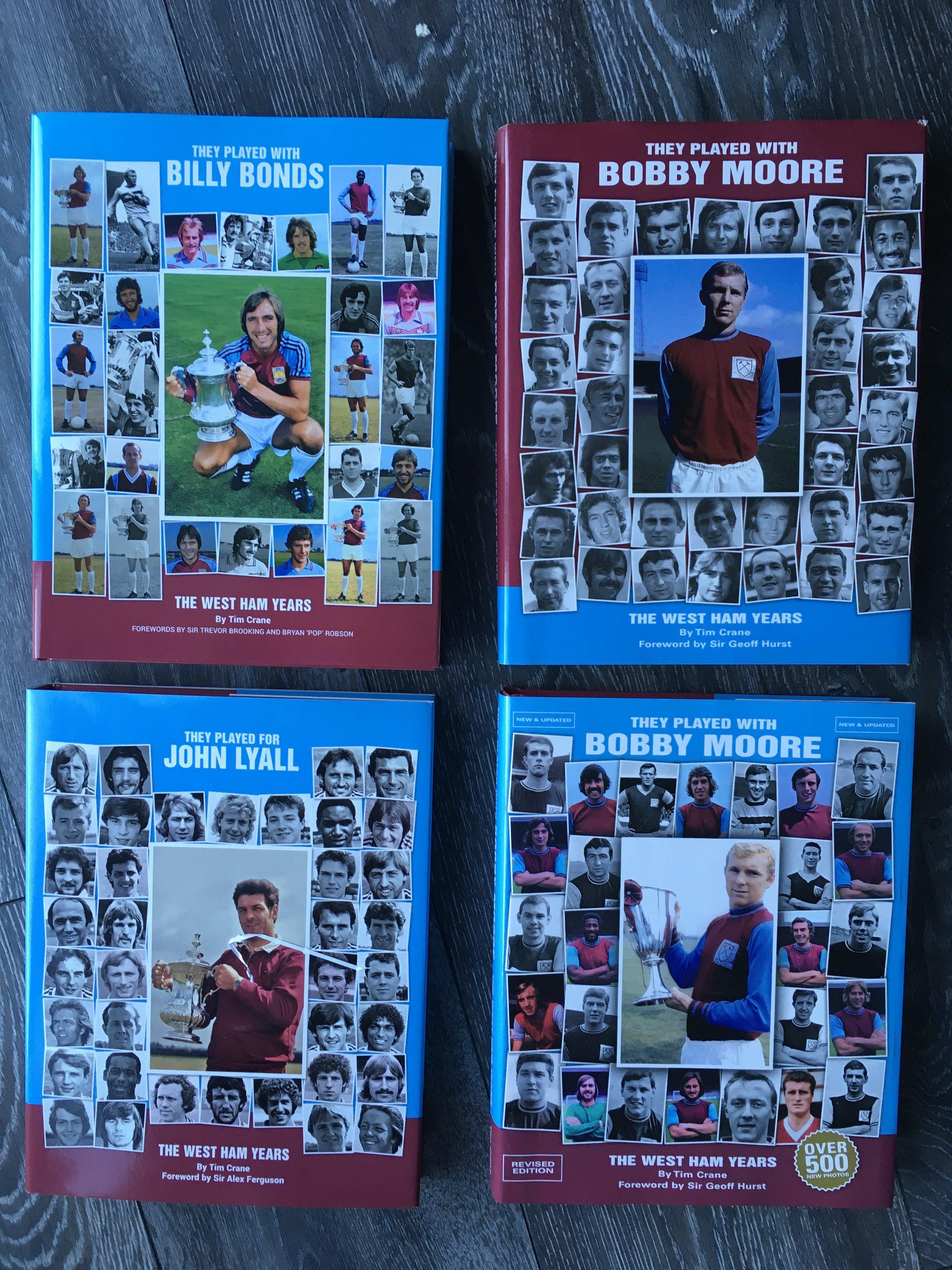 West Ham Multi Signed Bobby Moore Book: Book titled They Played With Bobby Moore, 1st edition. Signed inside at the unveiling of the Bobby Moore plaque in Waverley Gardens by 19 including Clyde Best, Harry Obeney, Stephanie + Tina Moore, Karren Brady, Eddie Bovington, Brian Dear and others. This book comes with the new and updated version plus, from the same author, They Played With Billy Bonds and They Played For John Lyall. Excellent. (4)