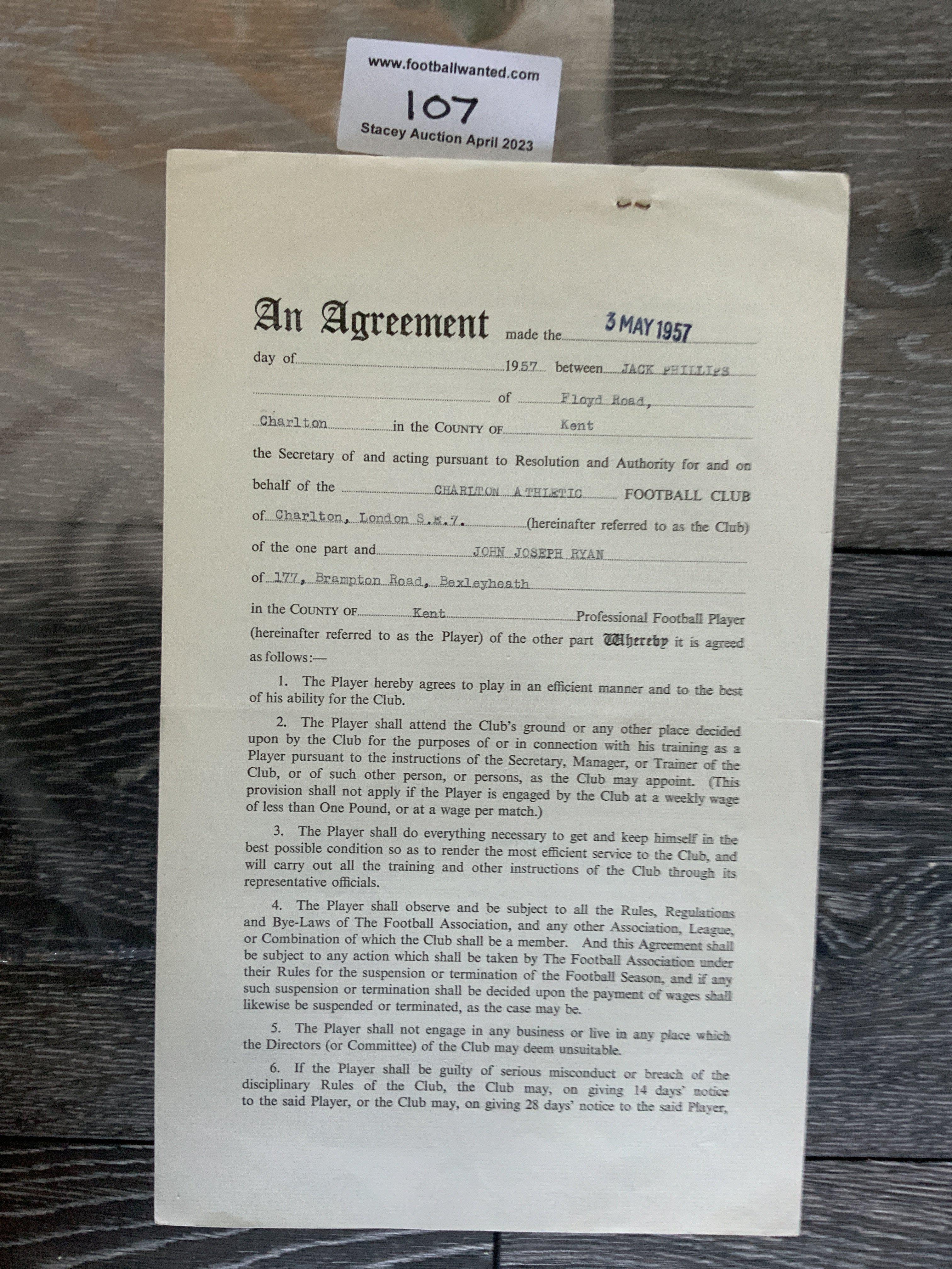 Charlton Athletic 1957/58 Football Contract: Issued and signed by John Ryan. Excellent. Ryan in this season is famous for scoring the winner in the 7-6 victory over Huddersfield.