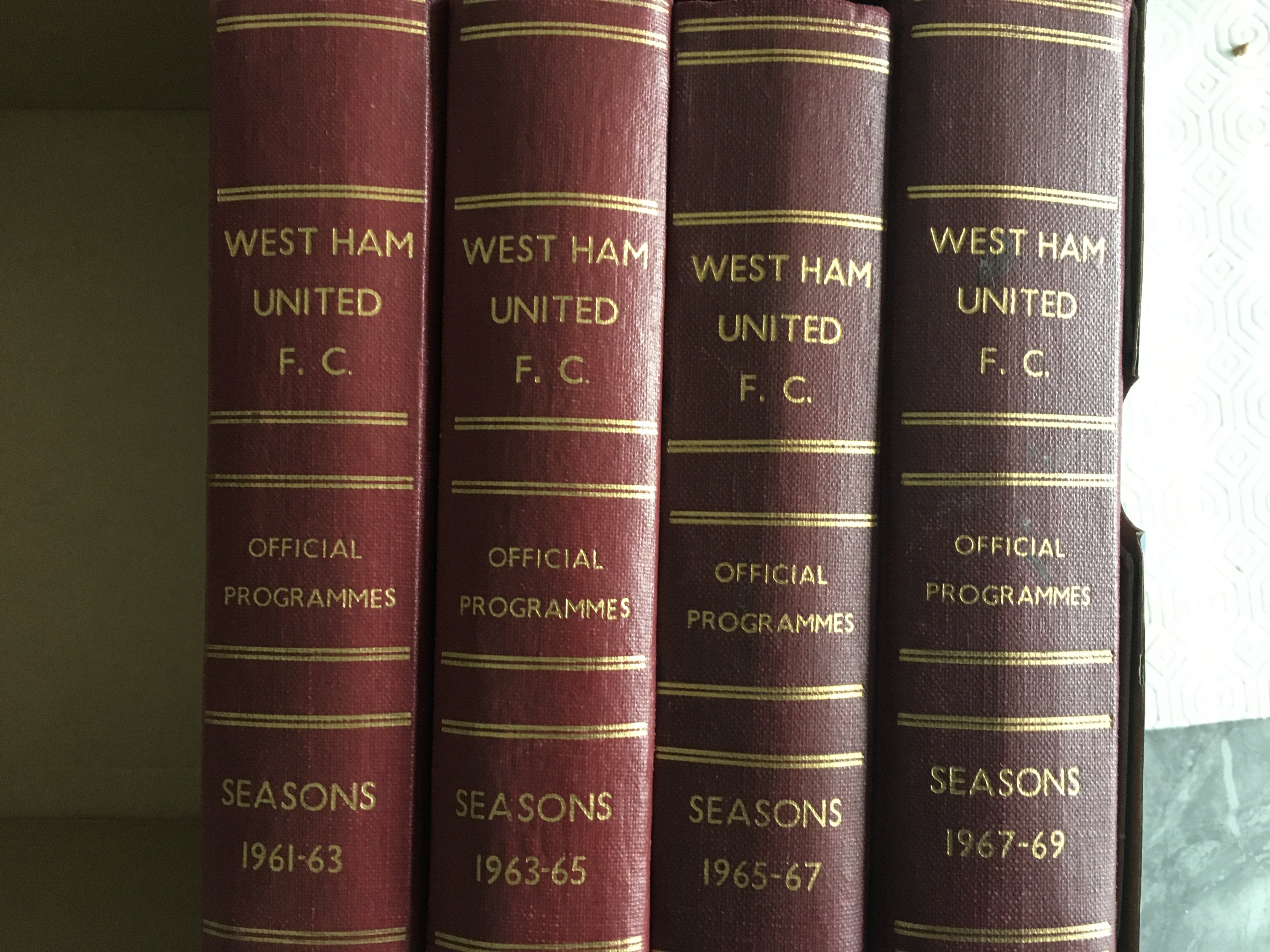 West Ham Home Bound Volumes Of Football Programmes: Unofficial bound volumes from 1961 to 1969 which each of the 4 volumes covering two seasons. Possibly complete of first team and occasionally with players pictures stuck in. (8 seasons)
