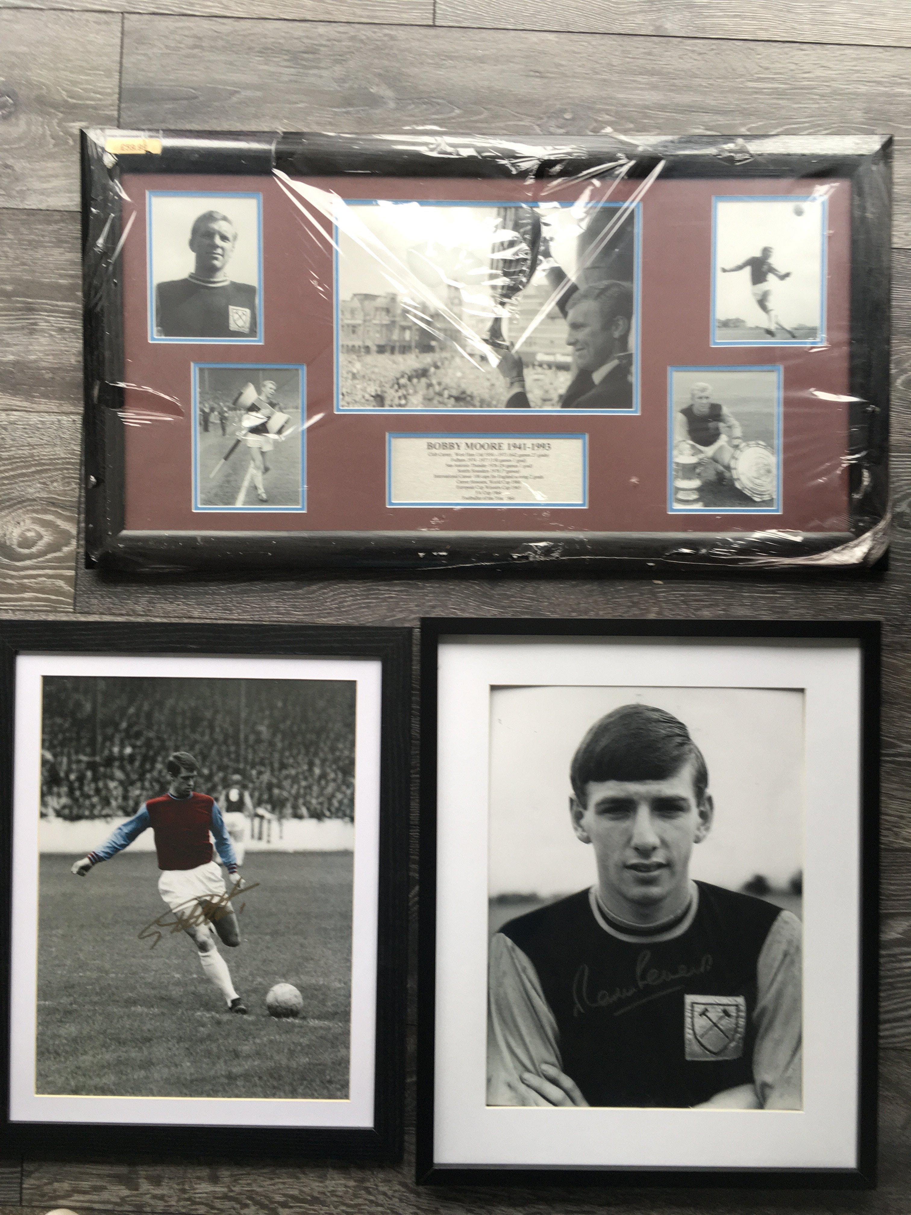 Hurst Moore + Peters Framed West Ham Displays: Very large framed displays of Hurst and Peters separately with COAs from reputable source. C/W an unsigned Bobby Moore display to round off the Hammers World Cup winners. (3)