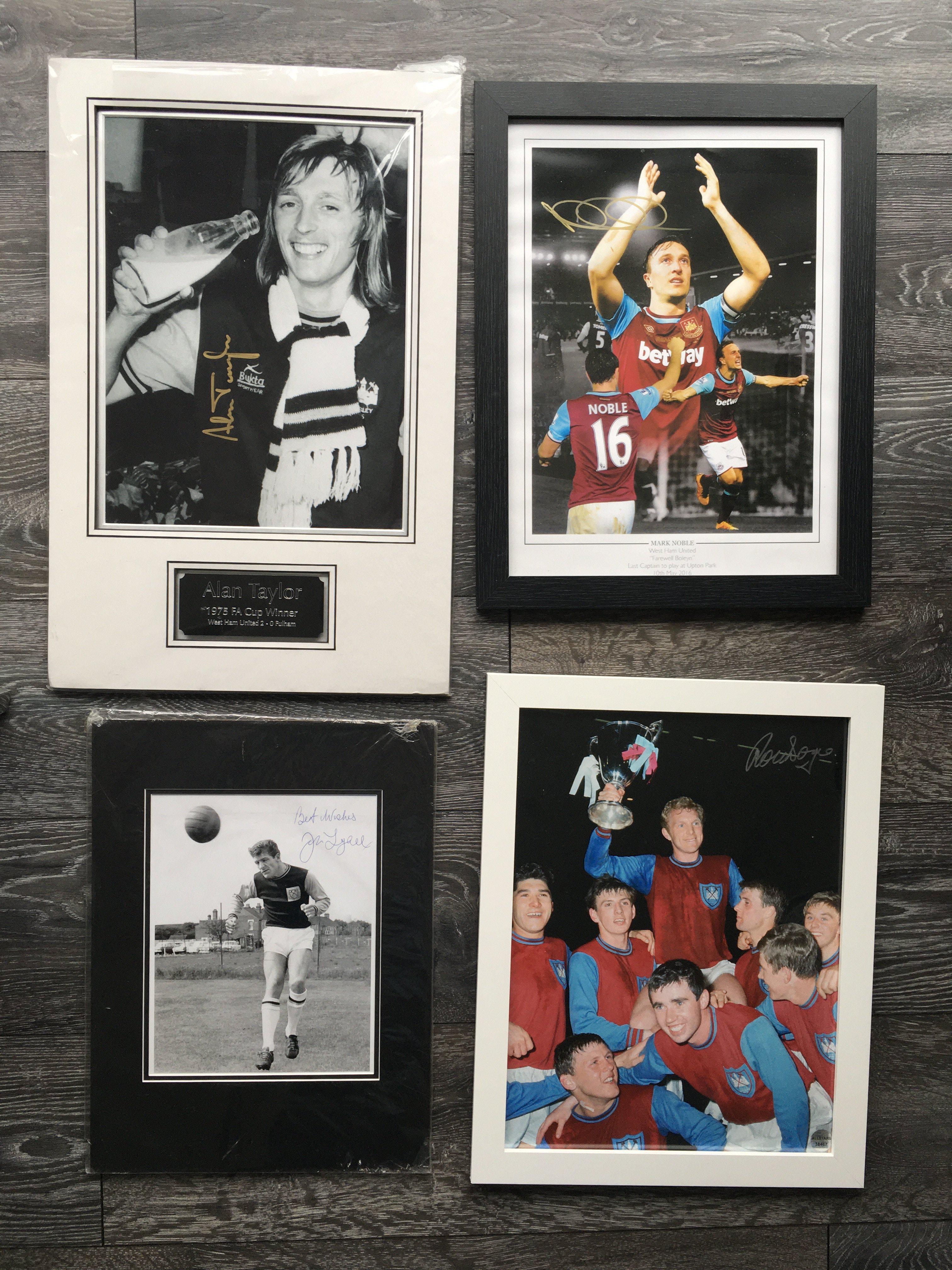West Ham Legends Signed Displays: John Lyall mounted and Alan Taylor, Mark Noble and Ron Boyce all framed. Quality items would make good gifts. (4)