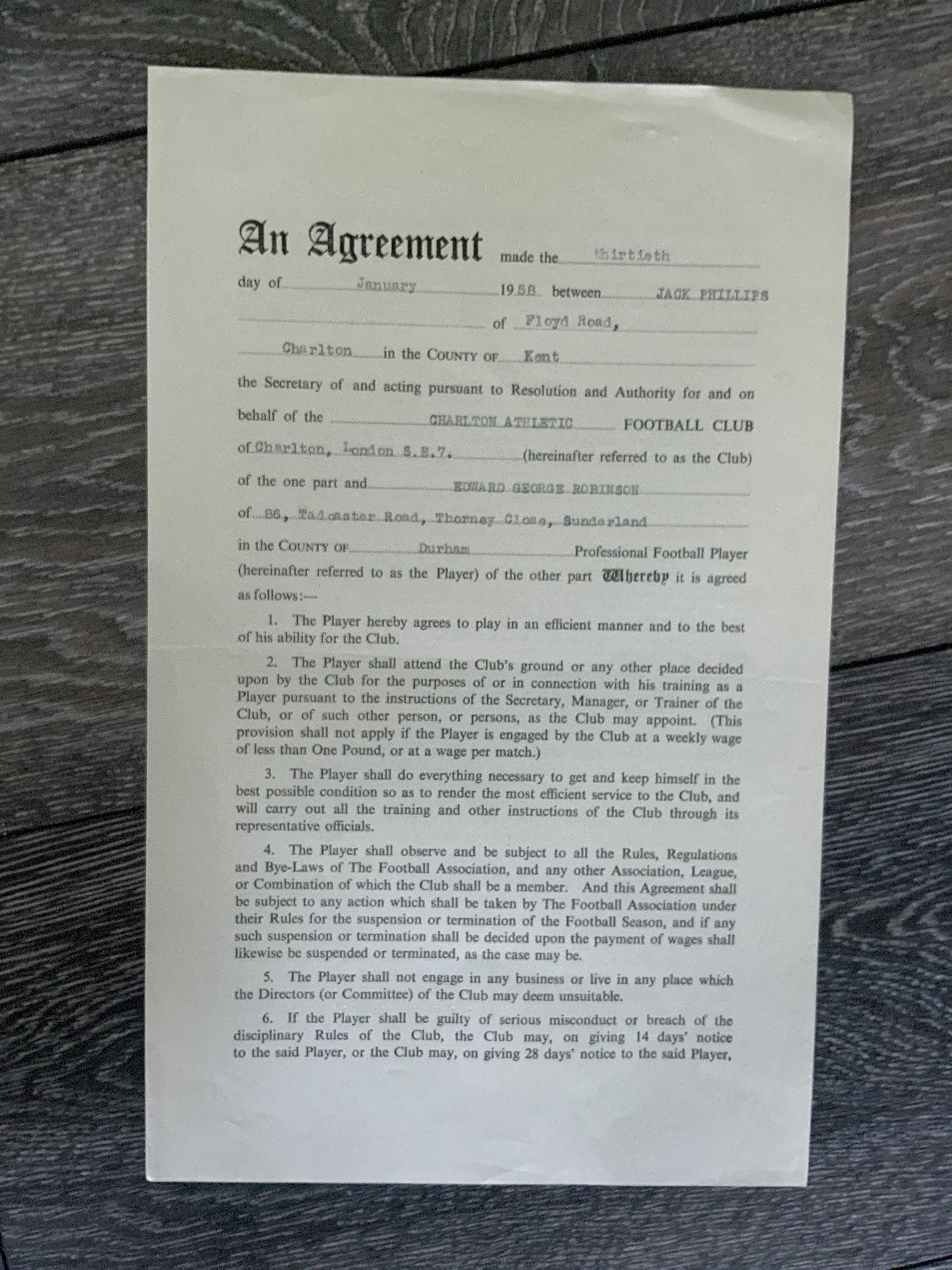 Charlton Athletic 1957/58 Football Contract: Issued and signed by Edward Robinson. Excellent.