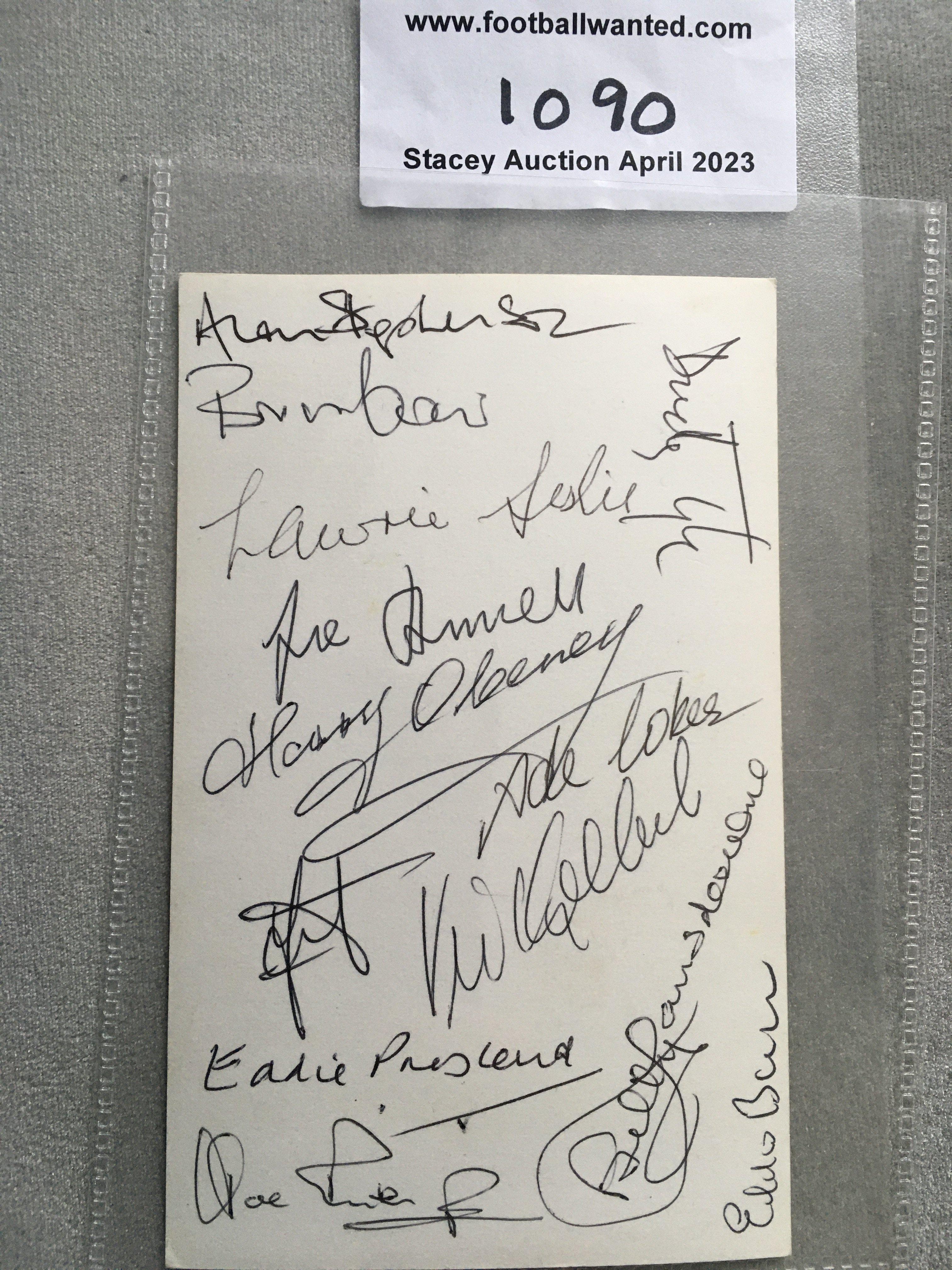 Bobby Moore West Ham Team Mates Signed Card: Black and white postcard size photo of Moore signed to blank rear by 13 team mates at West Ham. Includes Keeble, Presland, Leslie, Dear, Coker and Obeney. Originally obtained from author of They Played With Bobby Moore when interviewing players.