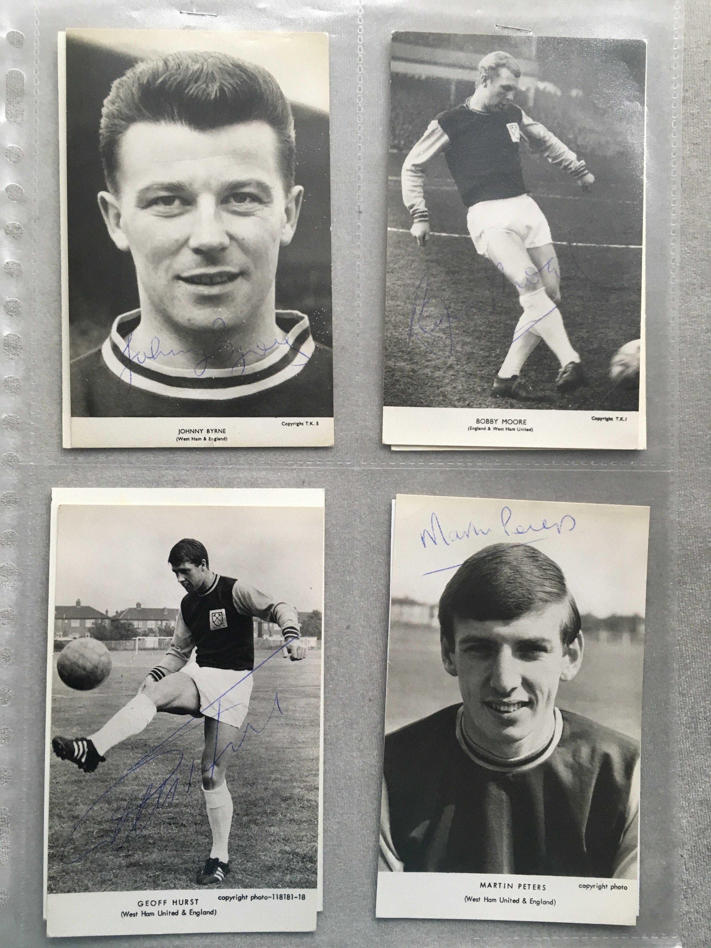 1960s West Ham Player Signed Football Postcards: Black and white individual postcards hand signed without dedication by Bobby Moore, Phil Woosnam, Trevor Brooking, John Sissons, Johnny Byrne, Geoff Hurst and Martin Peters. 8th one is signed by Hurst and Peters. 8 cards with 9 autographs.