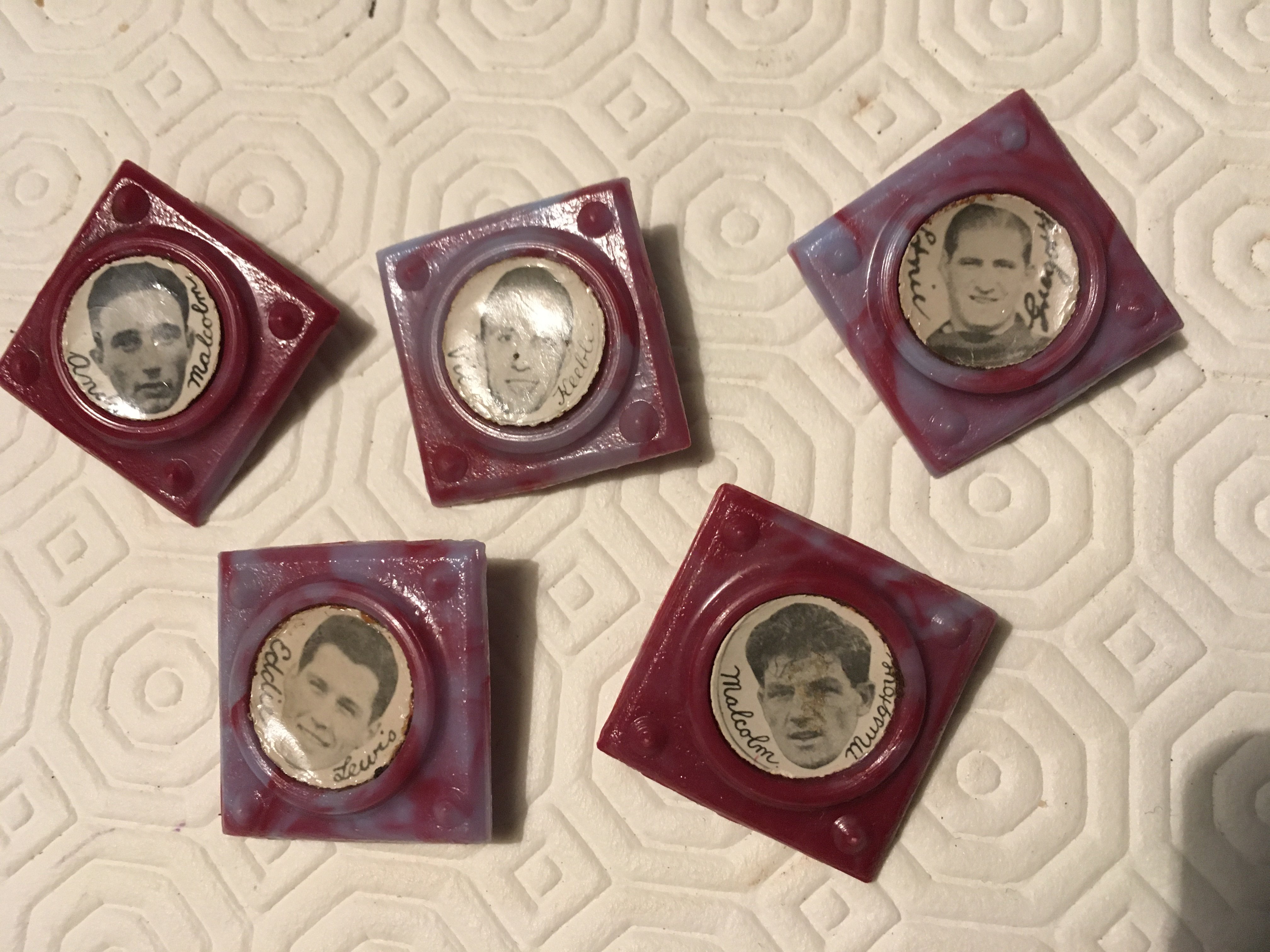 West Ham Late 50s Player Star Badges: Square badges in claret and blue with a face and name of a West Ham player. Includes Malcolm, Keeble, Musgrove, Gregory and Lewis. (5)