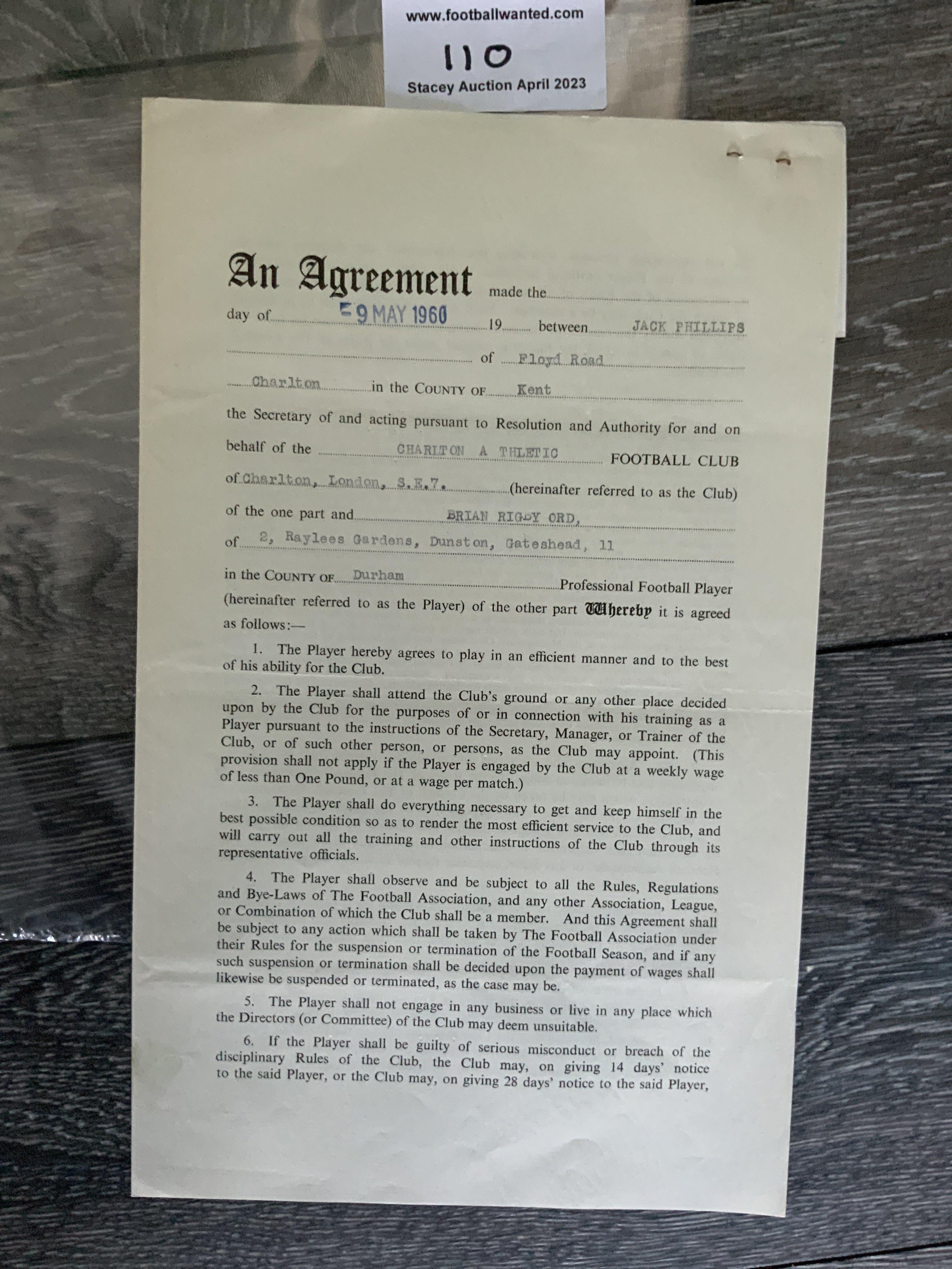 Charlton Athletic 1960/61 Football Contract: Issued and signed by Brian Ord. Excellent.