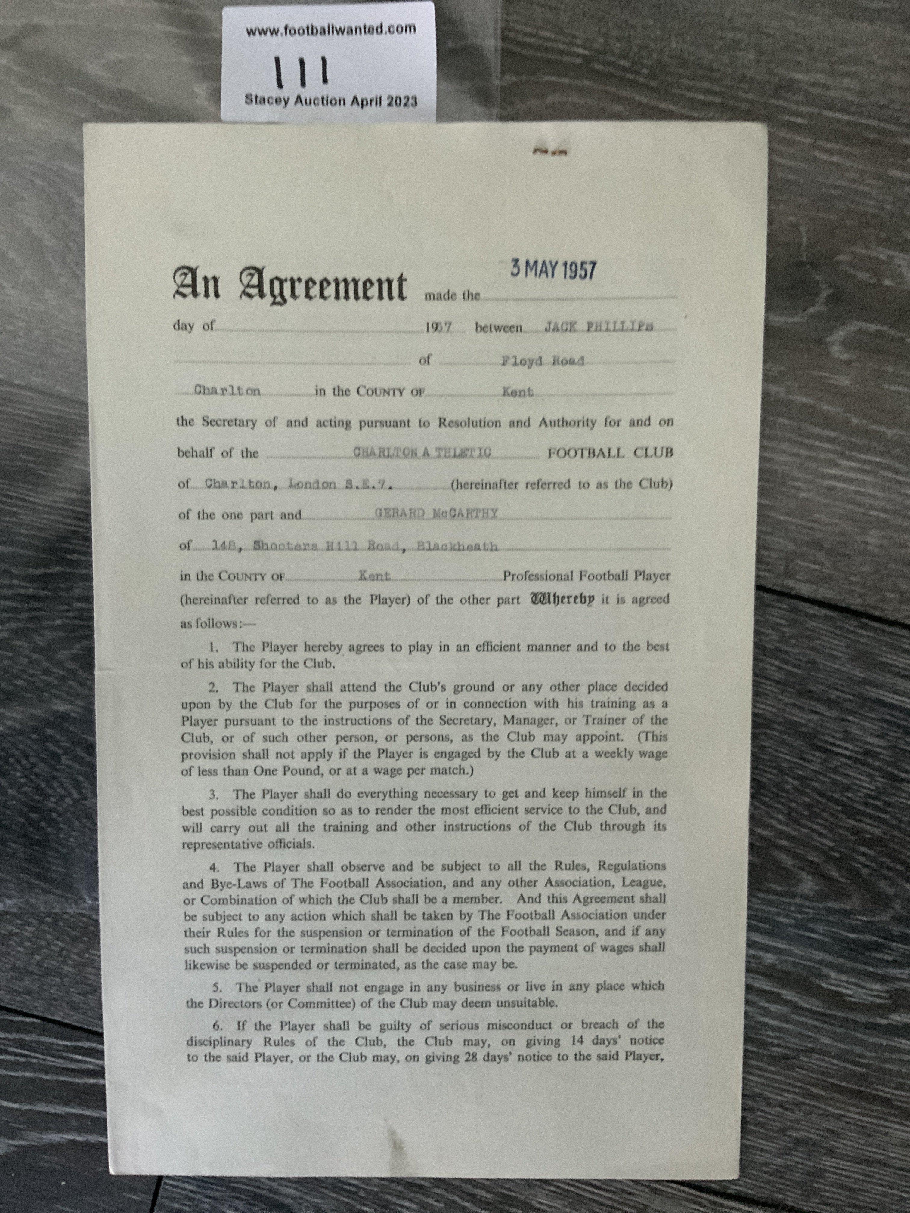 Charlton Athletic 1957/58 Football Contract: Issued and signed by Gerard McCarthy. Excellent.