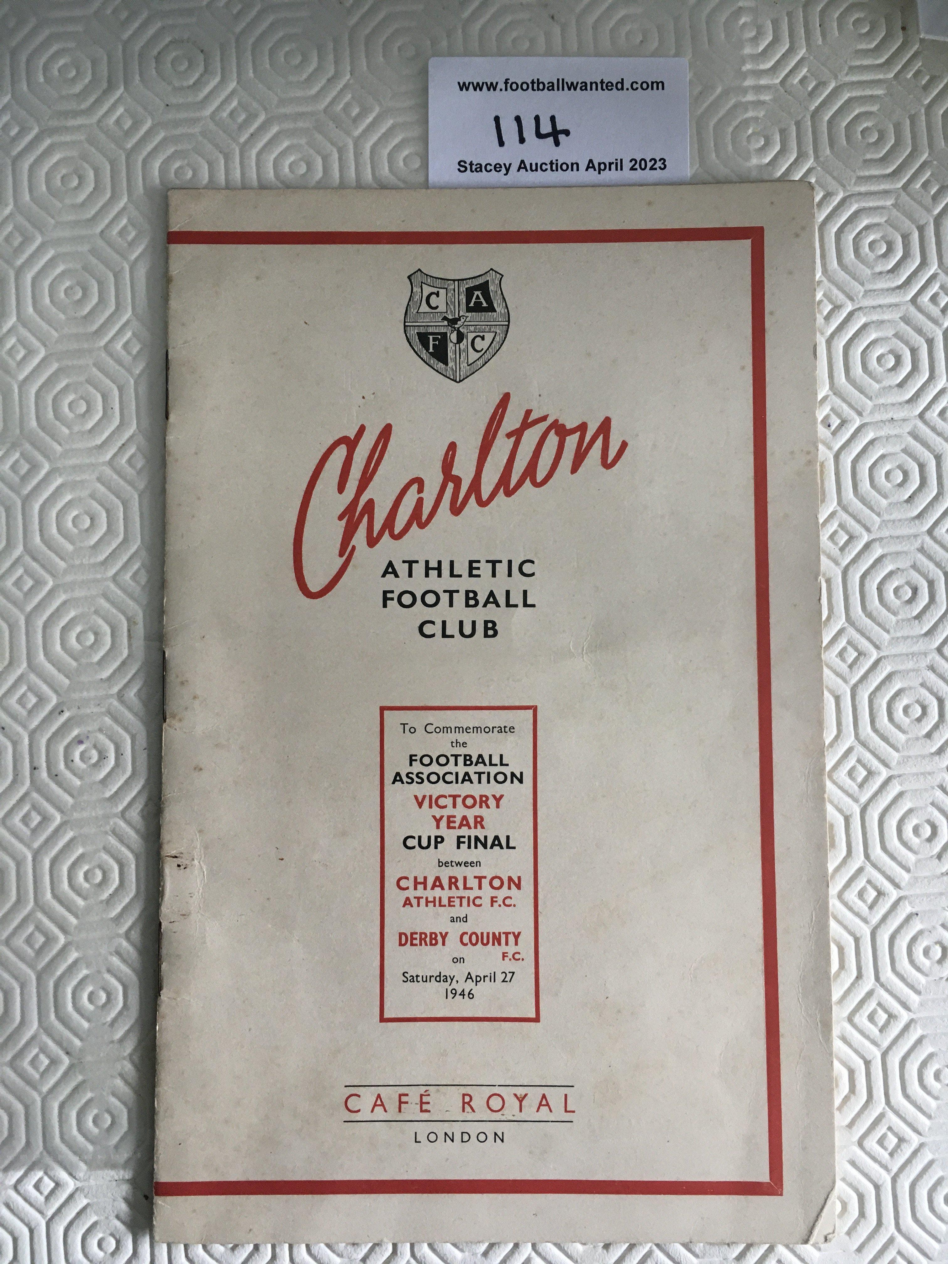 Charlton 1946 FA Cup Final Football Menu: Held at the Cafe Royal on the evening of the Cup Final. Signed to rear by two squad players. 6 pages with caricatures of the Charlton team.