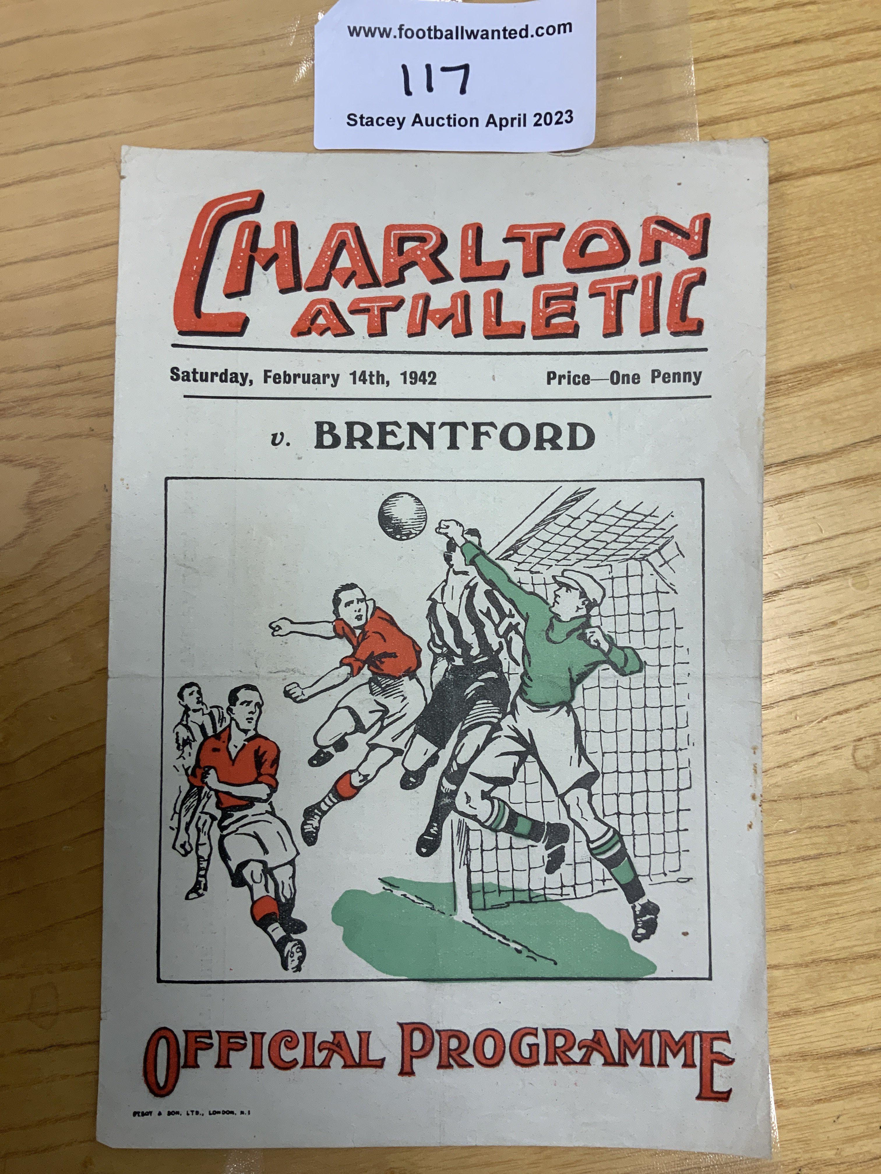 41/42 Charlton v Brentford Football Programme: Excellent condition single sheet with no team changes. Dated 14 2 1942.