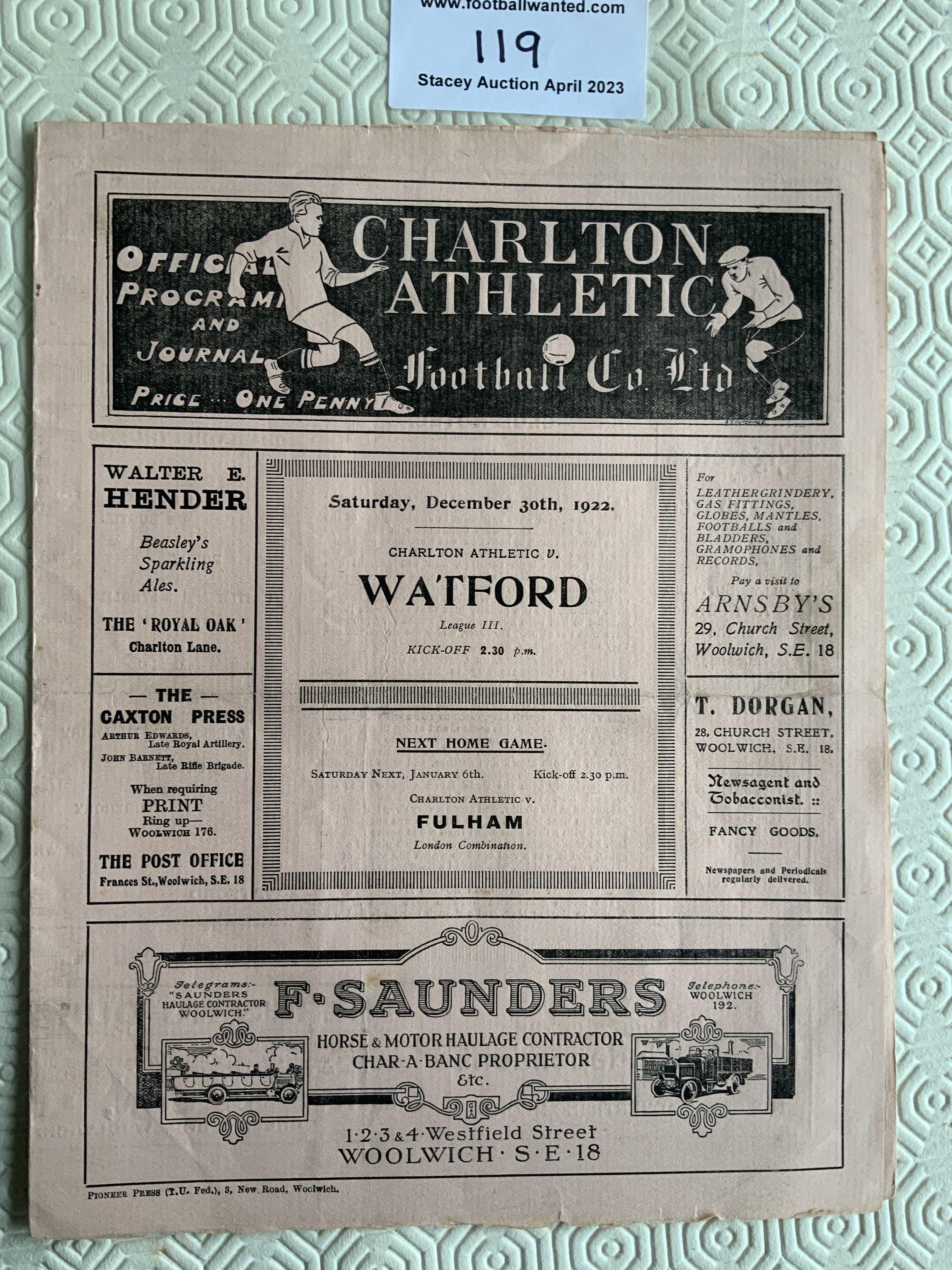 1922 - 1923 Charlton v Watford Football Programme: Excellent condition with no team changes from Charltons second season in the league.