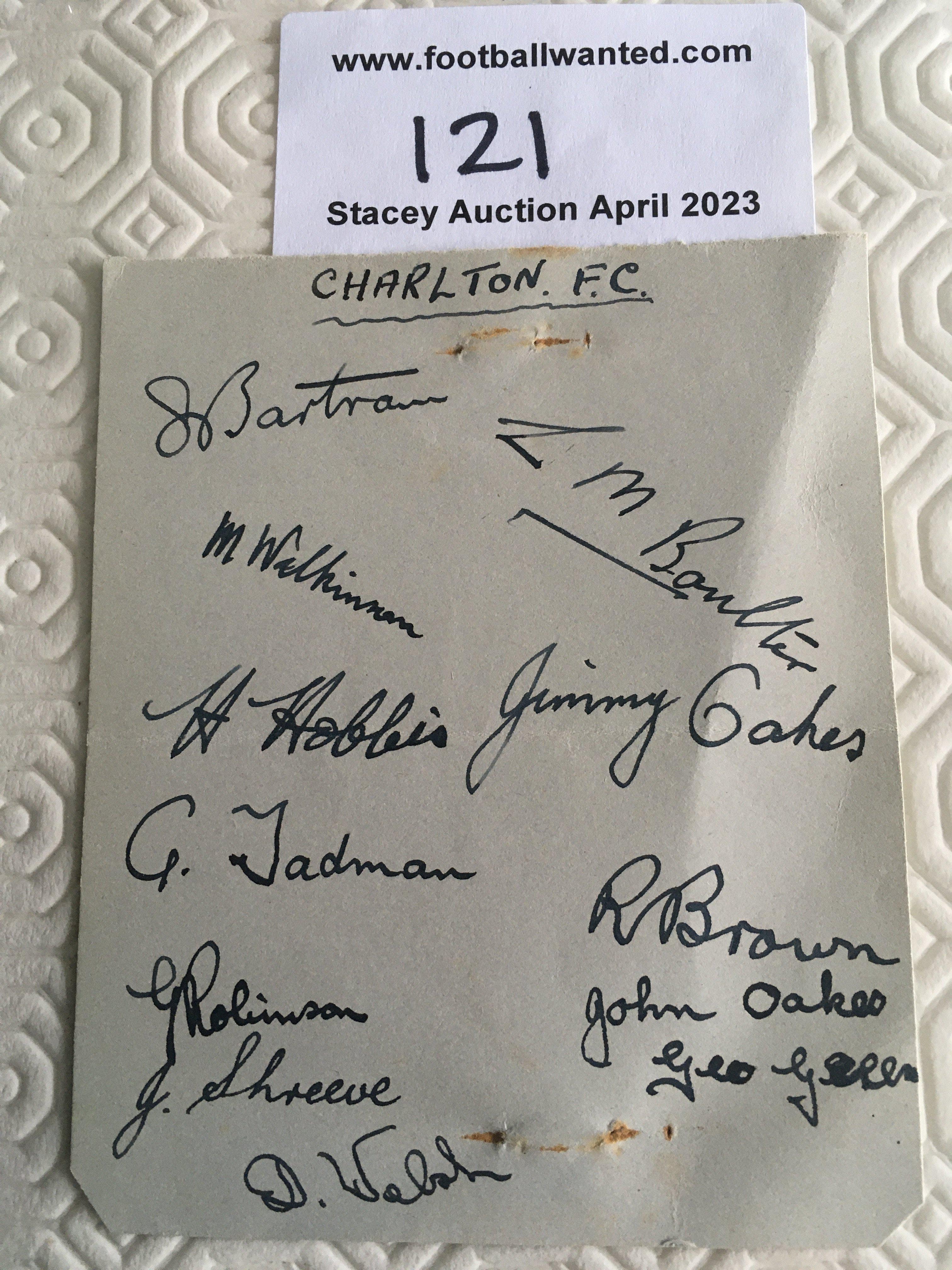 38/39 Charlton Athletic Football Autographs: Removed from autograph book a page headed Charlton with autographs of Bartram Walsh and Brown. 12 autograph in pen.