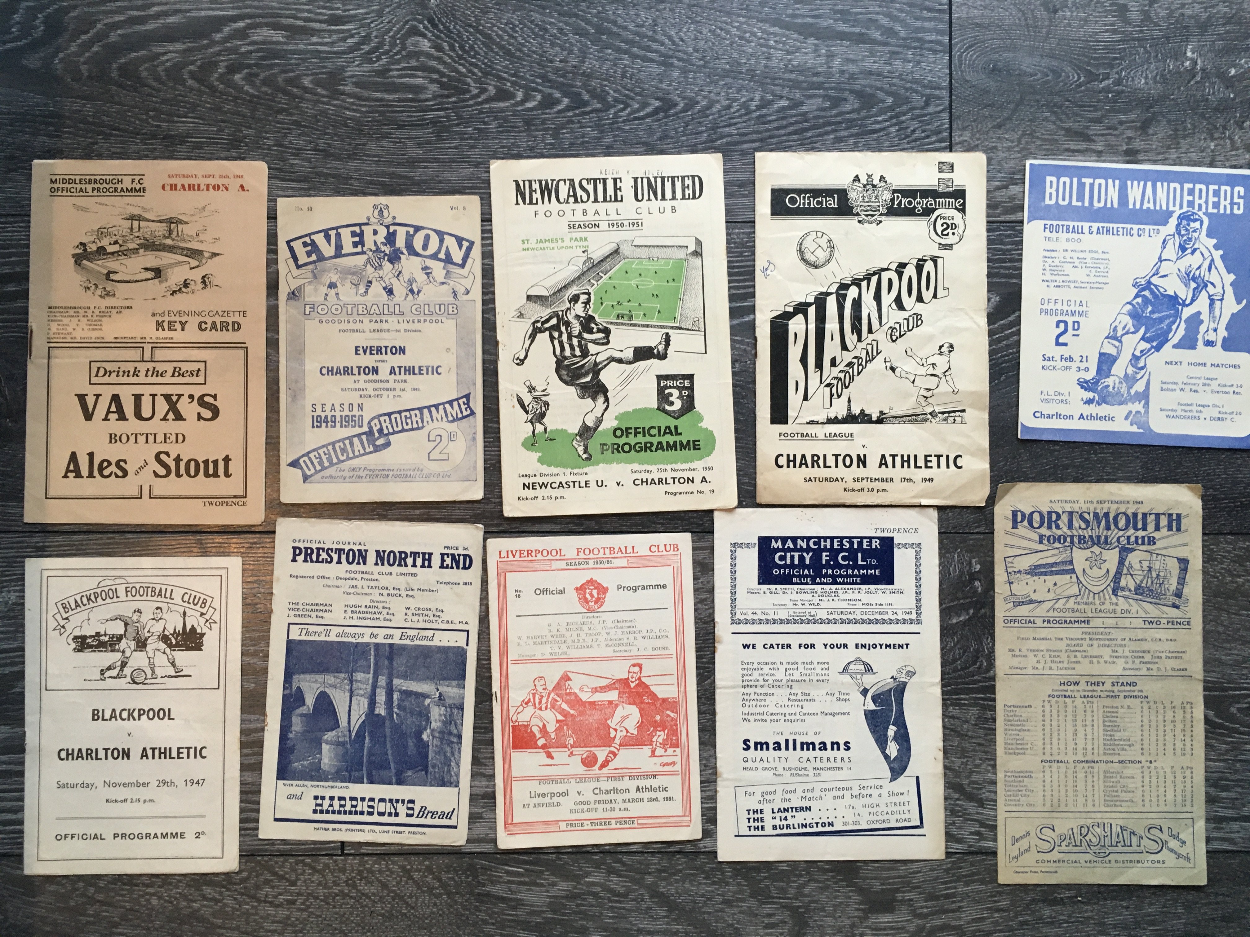 Charlton Away Football Programme Collection: Some hard to obtain in this lot to include 47/48 Bolton Blackpool, 48/49 Preston, Middlesbrough, Portsmouth, 49/50 Manchester City, Blackpool, Everton, 50/51 Newcastle, Liverpool and a further 6 up to 54/55. C/W 3 homes including 46/47 Rochdale from the great cup run. Mainly good. (19)