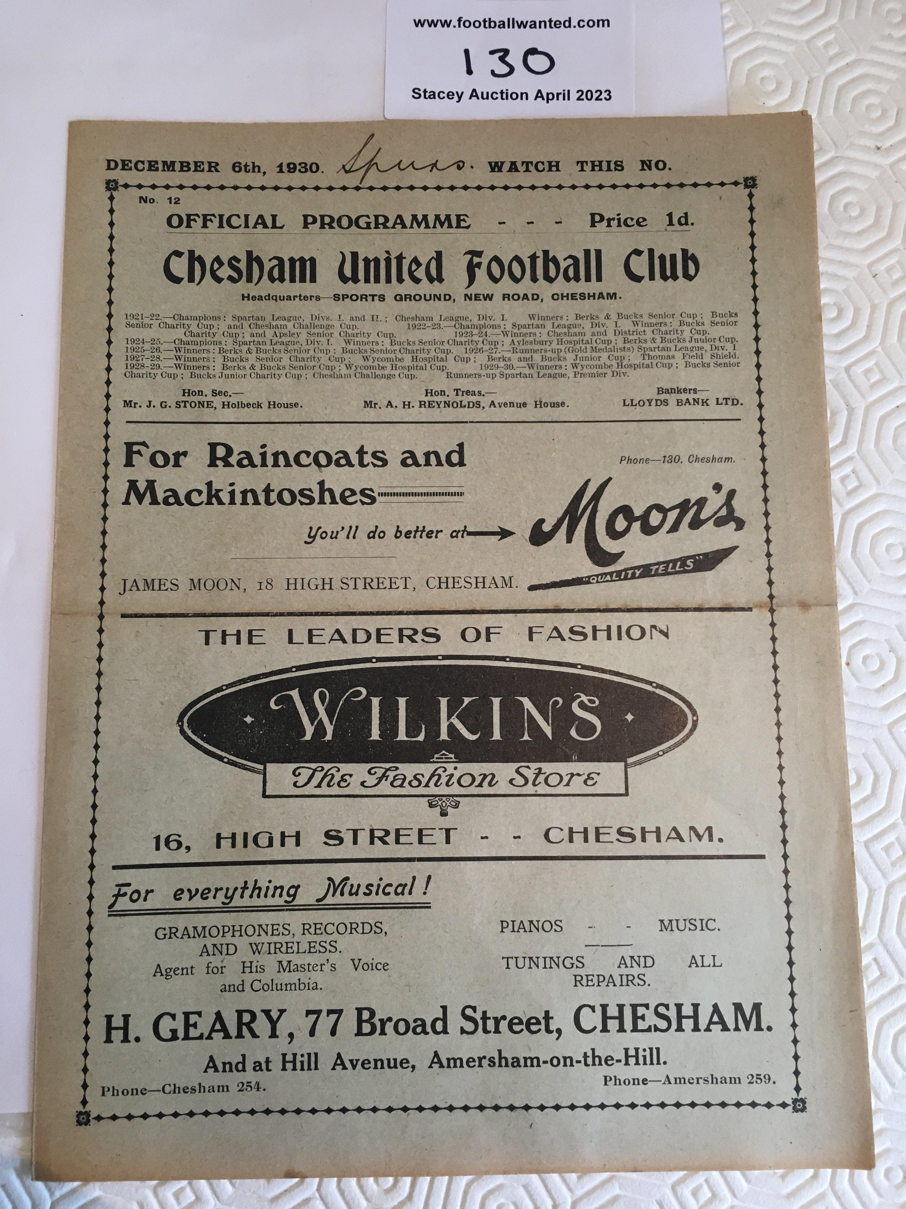 30/31 Chesham United v Tottenham Football Programme: Friendly programme in very good condition with no team changes. Spurs fielded a reserve team against the Spartan League team. The word Spurs written to cover.