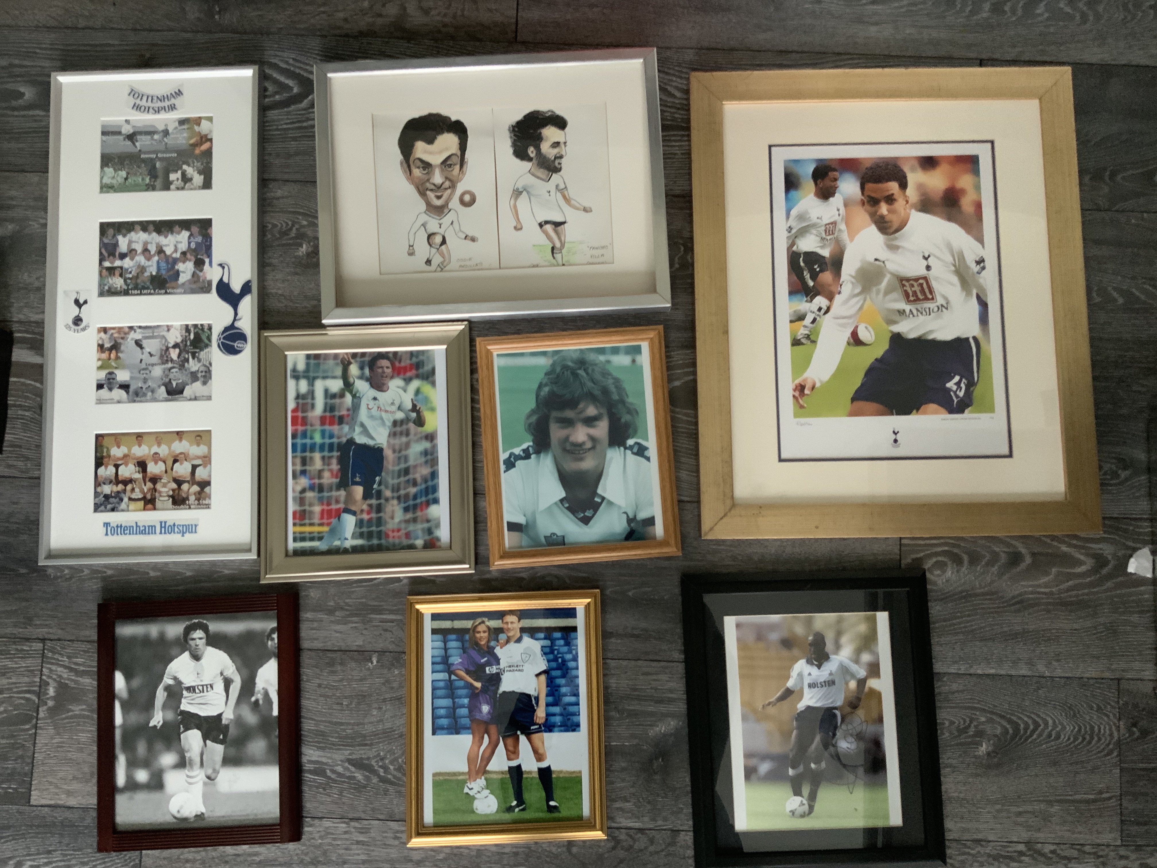 Tottenham Framed Football Displays: Individual pictures of Hoddle Sheringham Perryman Lennon and Keane plus a Villa + Ardiles caricature and more. 8 unsigned items ready for hanging. Instructions to sell.