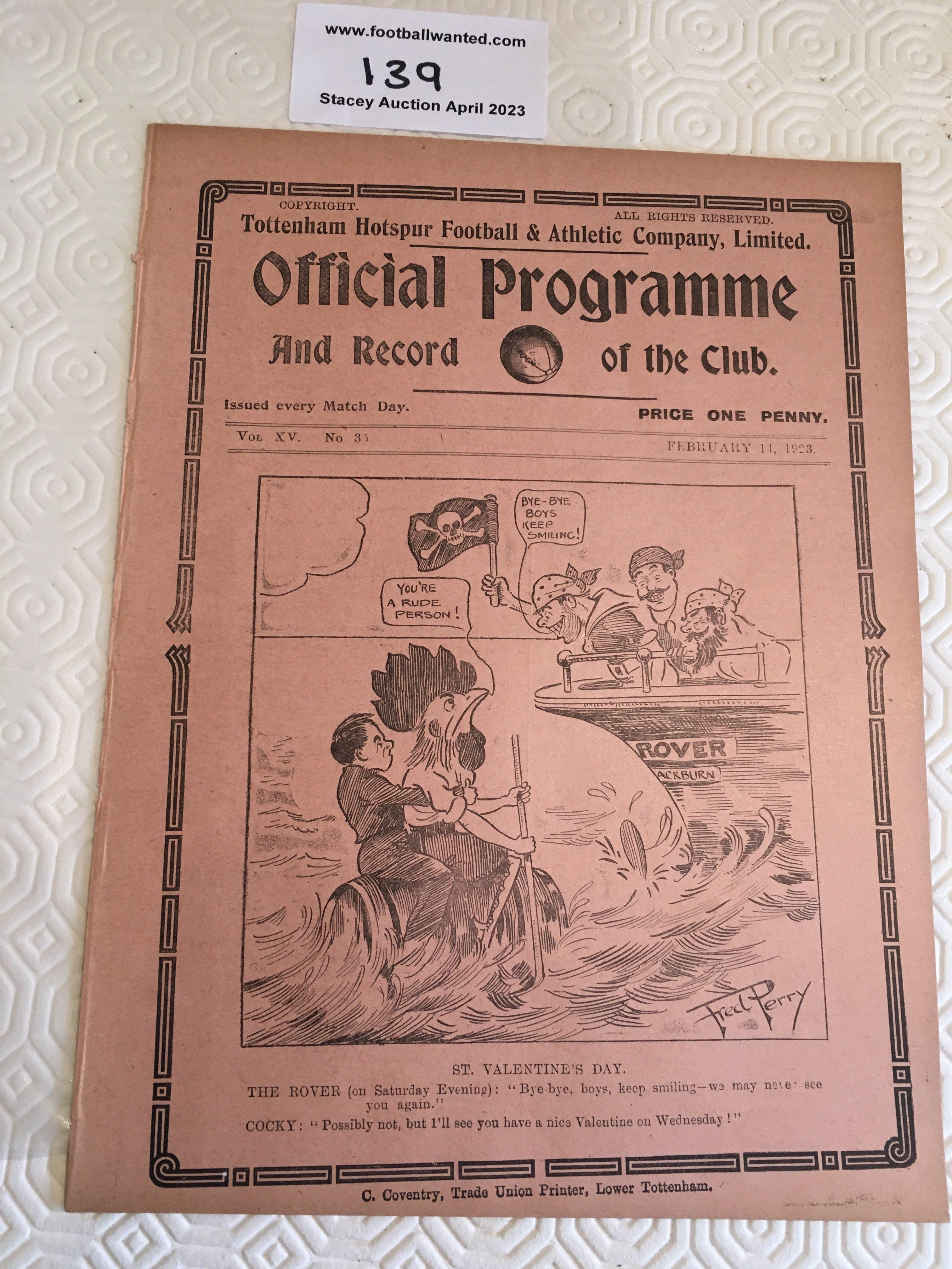 1922/1923 Tottenham v Blackburn Rovers Football Programme: Ex bound division one programme in excellent condition with no team changes.