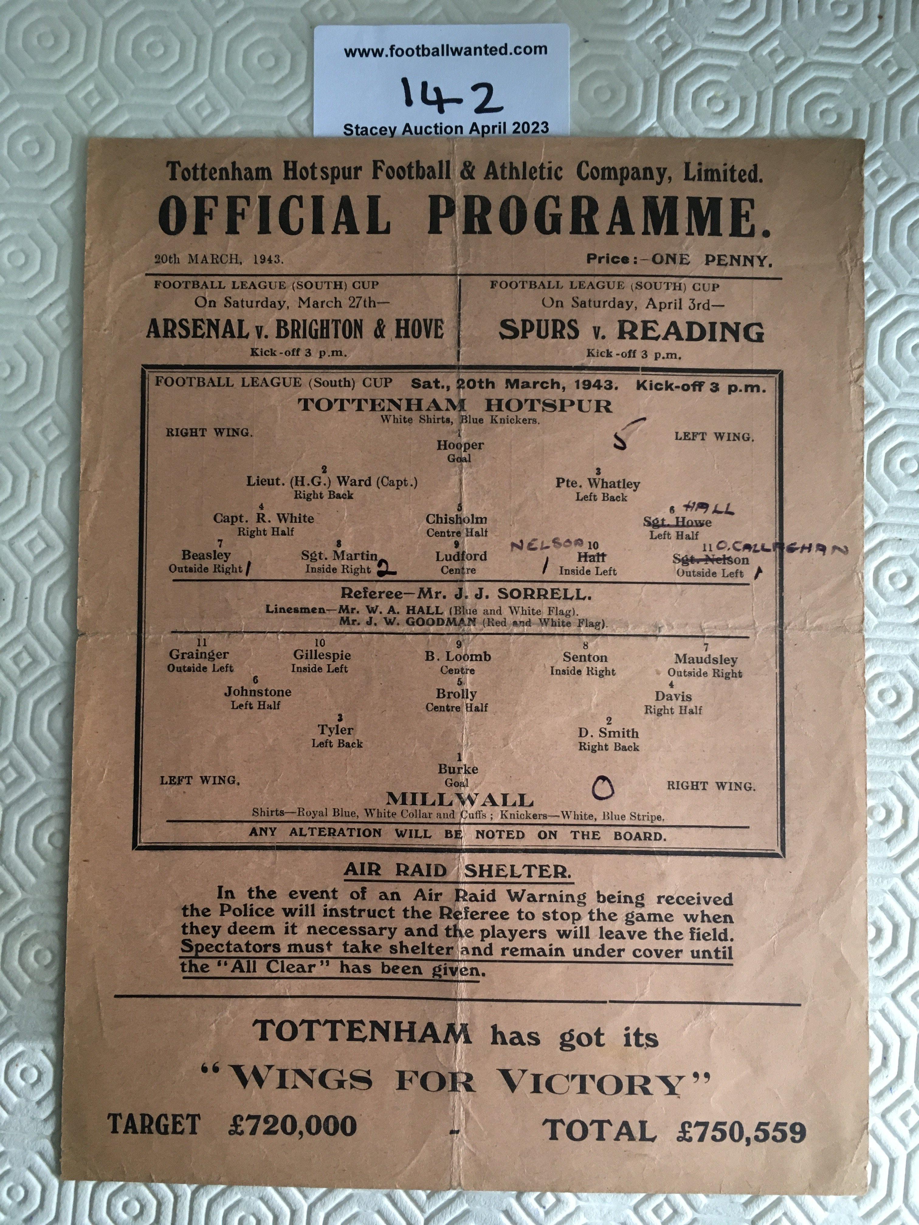 42/43 Tottenham v Millwall Football Programme: Fair condition single sheet cup match with team changes. Folding.